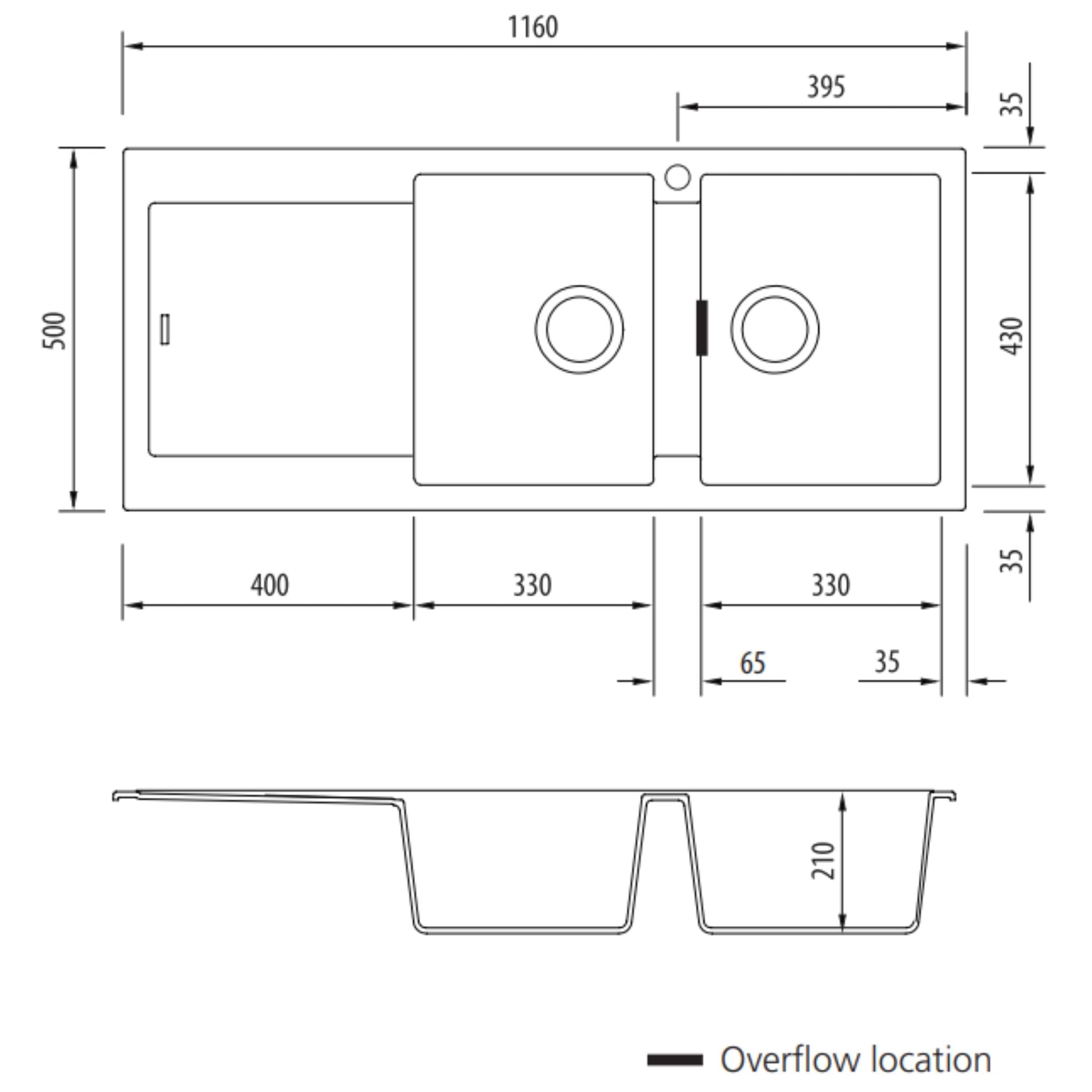 OLIVERI SANTORINI DOUBLE BOWL TOPMOUNT ALFRESCO AND KITCHEN SINK WITH OVERFLOW & LEFT DRAINER MATTE BLACK 1160MM