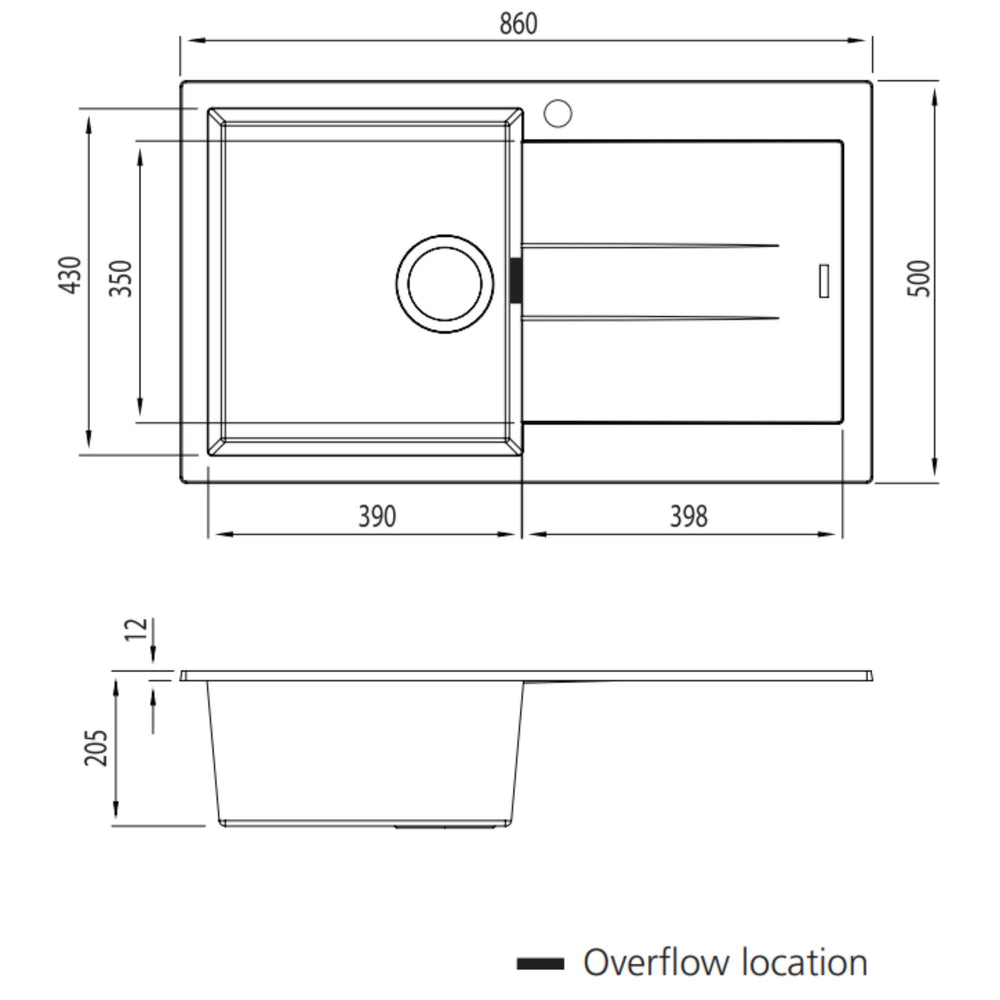 OLIVERI SANTORINI SINGLE BOWL TOPMOUNT ALFRESCO AND KITCHEN SINK WITH OVERFLOW & RIGHT DRAINER BLACK 860MM
