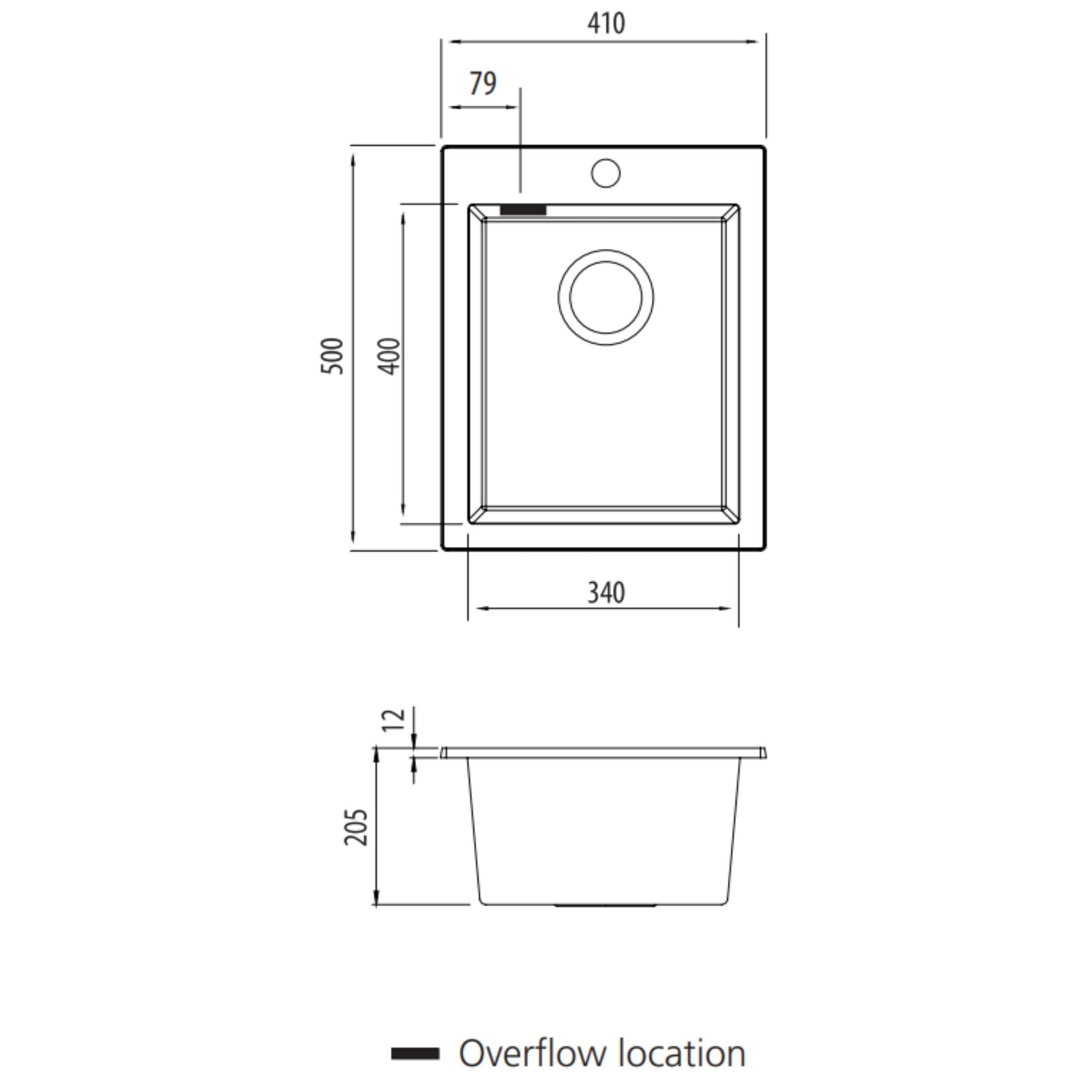 OLIVERI SANTORINI SINGLE BOWL TOPMOUNT ALFRESCO, KITCHEN AND LAUNDRY SINK WITH OVERFLOW BLACK 410MM