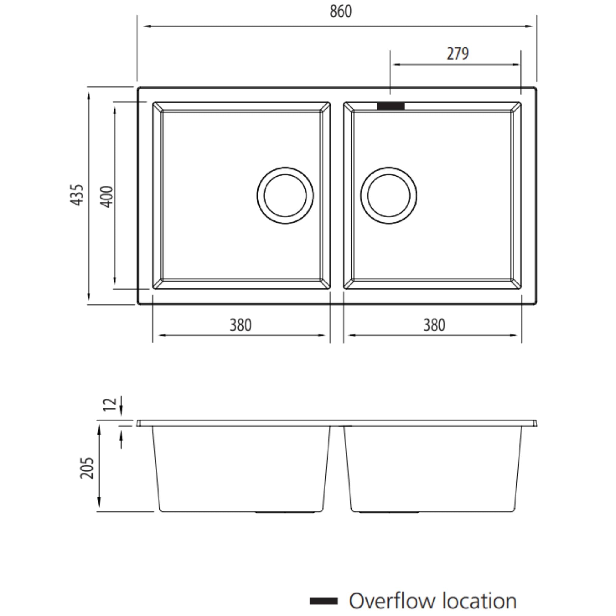OLIVERI SANTORINI DOUBLE BOWL UNDERMOUNT KITCHEN SINK WITH OVERFLOW BLACK 860MM