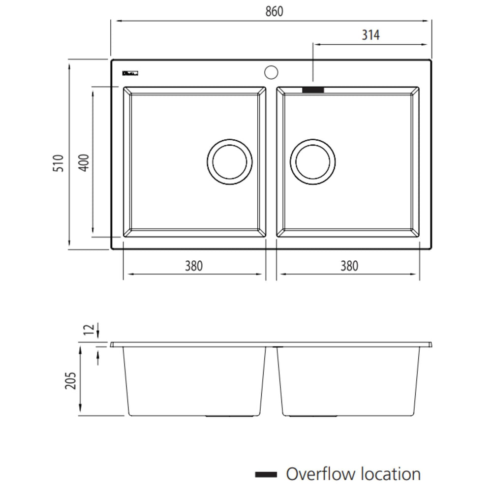 OLIVERI SANTORINI DOUBLE BOWL TOPMOUNT ALFRESCO AND KITCHEN SINK WITH OVERFLOW MATTE BLACK 860MM