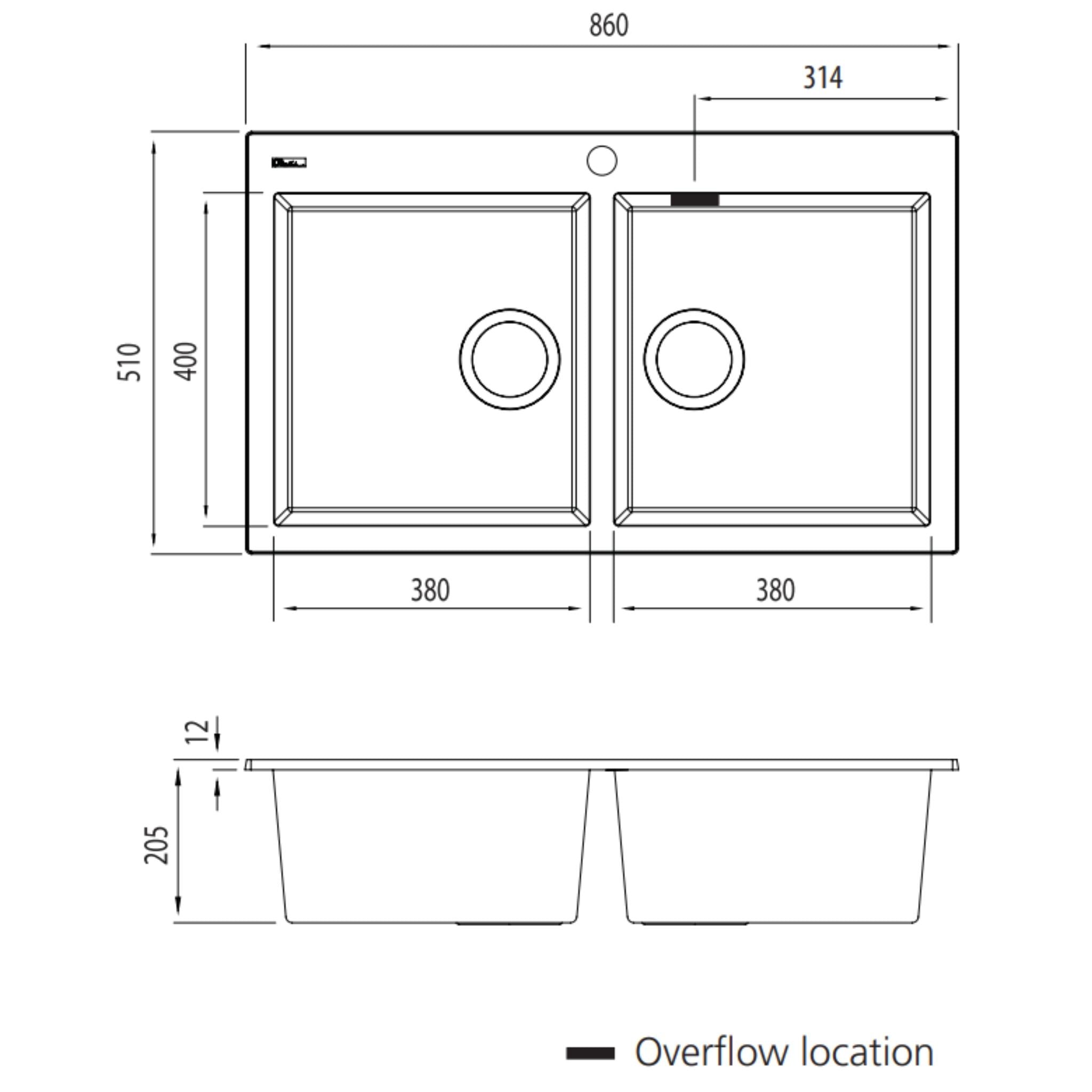 OLIVERI SANTORINI DOUBLE BOWL TOPMOUNT ALFRESCO AND KITCHEN SINK WITH OVERFLOW MATTE BLACK 860MM