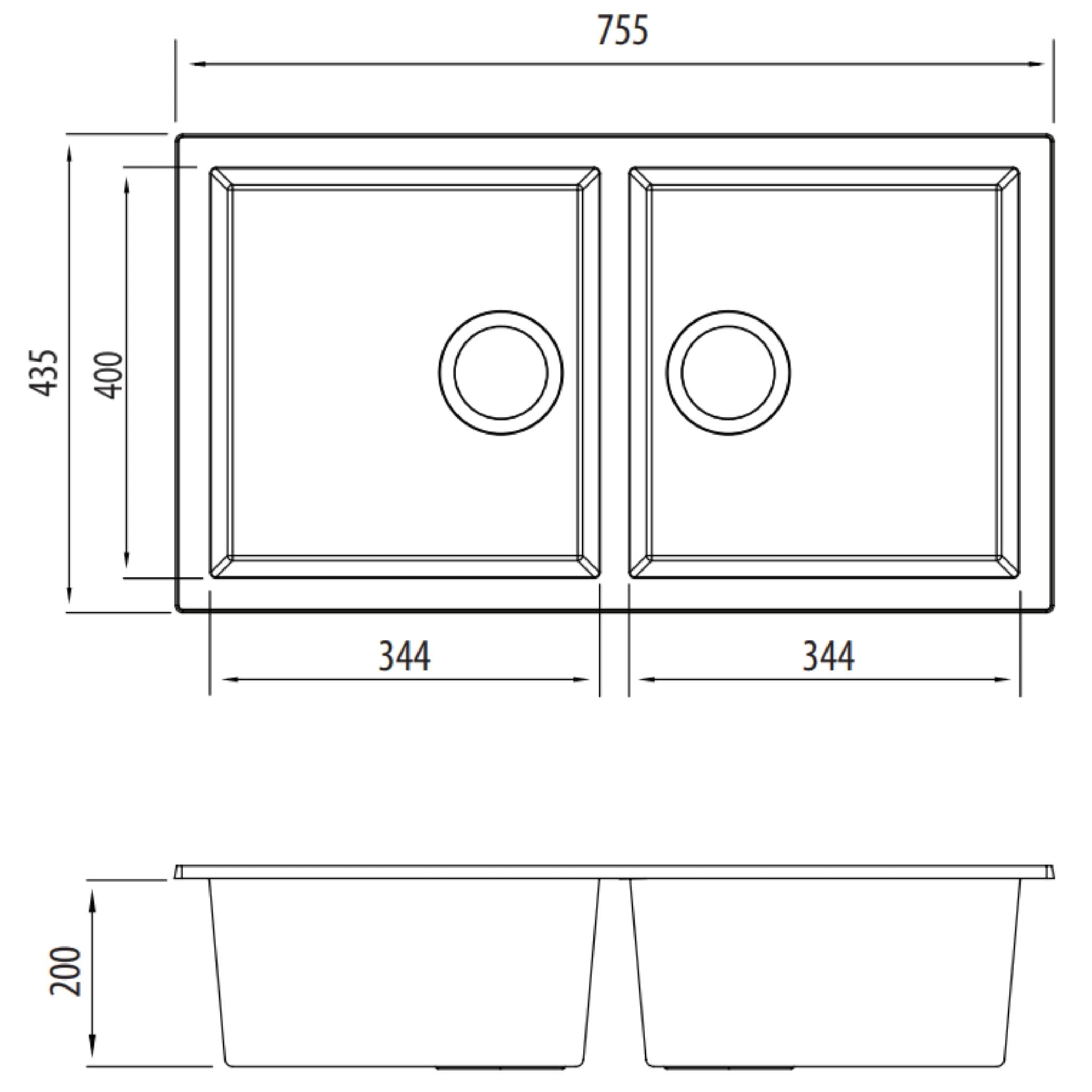 OLIVERI SANTORINI PICCOLO DOUBLE BOWL UNDERMOUNT KITCHEN SINK BLACK 755MM