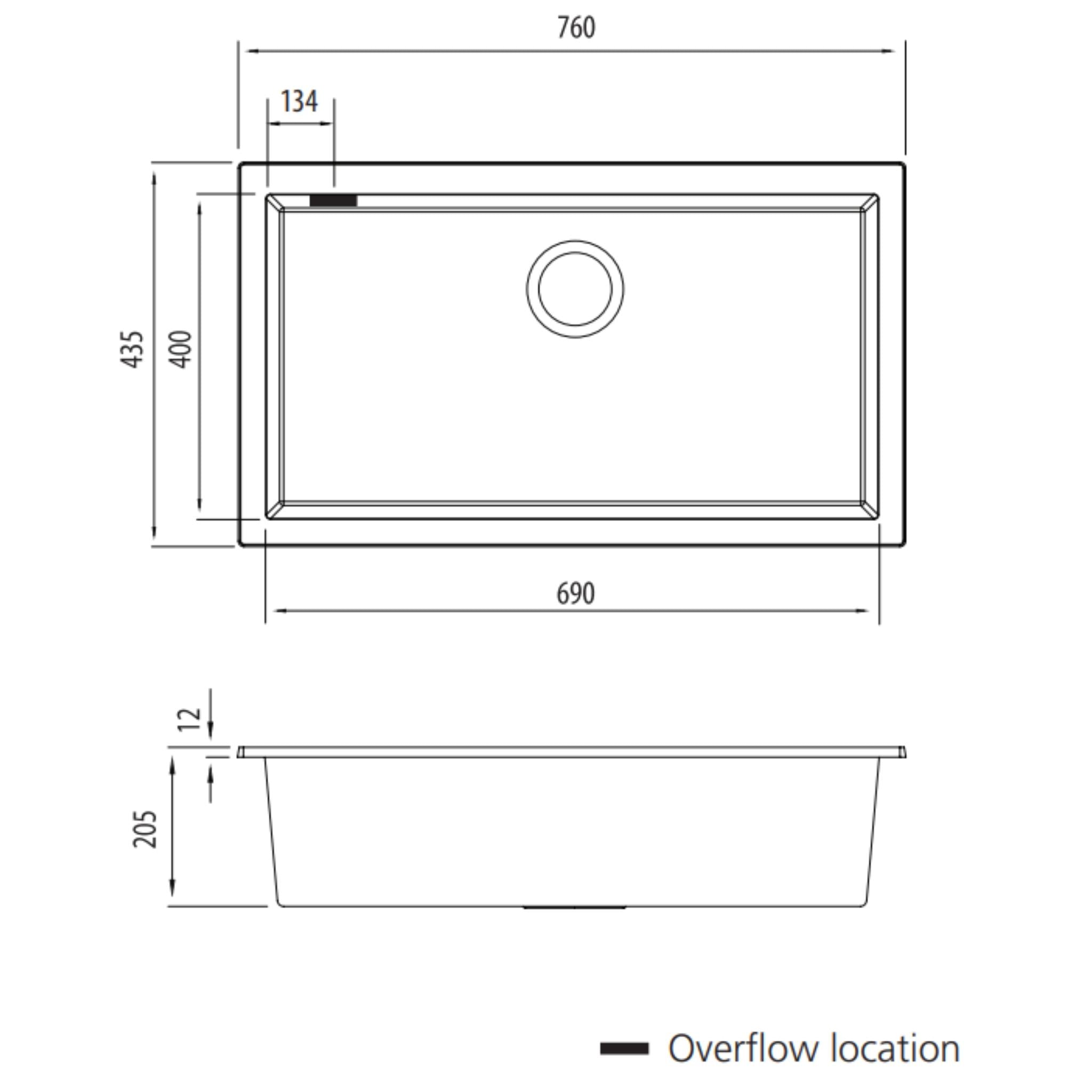 OLIVERI SANTORINI SINGLE BOWL UNDERMOUNT KITCHEN AND LAUNDRY SINK WITH OVERFLOW BLACK 760MM