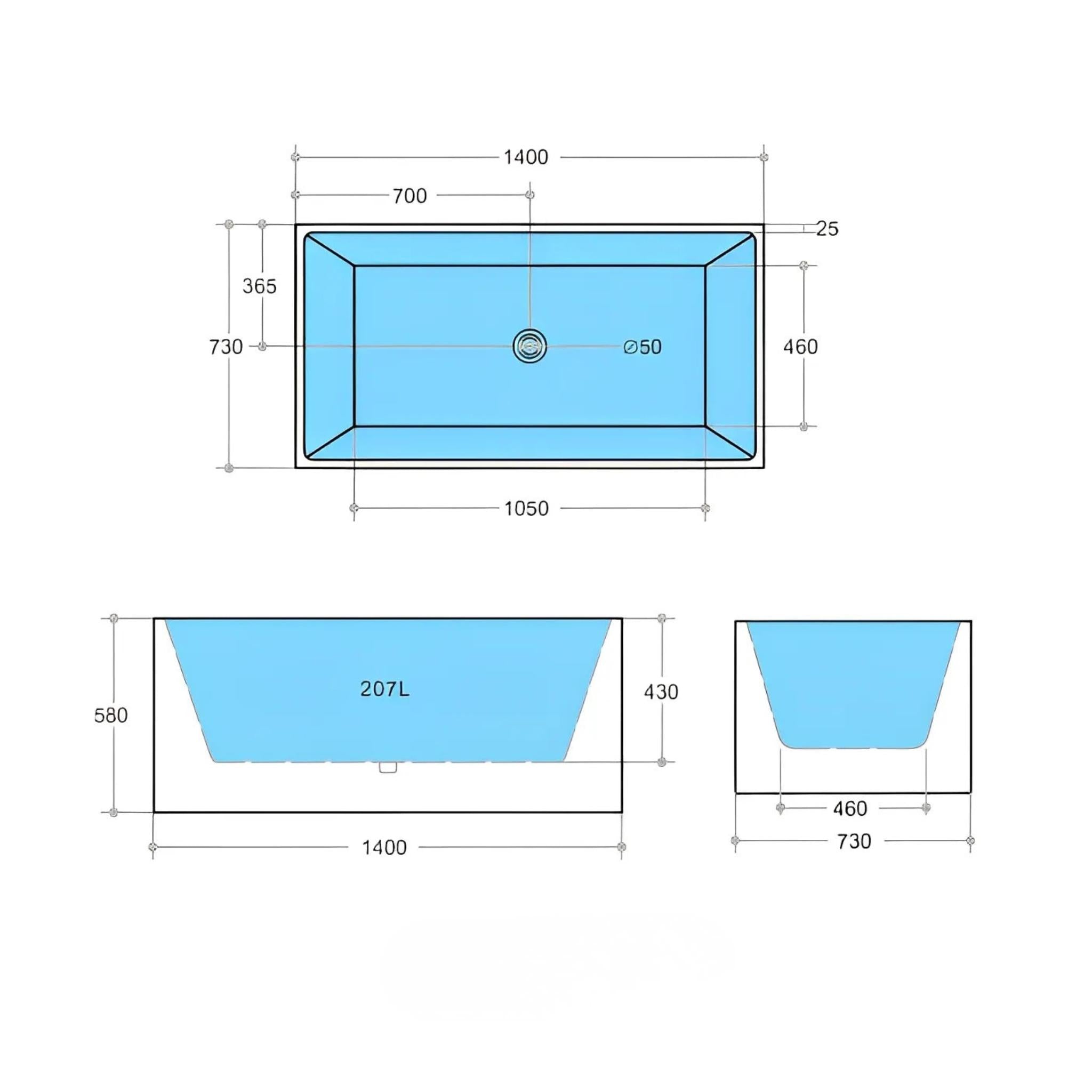 POSEIDON THEO BACK TO WALL BATHTUB NON OVERFLOW MATTE WHITE (AVAILABLE IN 1400MM, 1500MM AND 1700MM)