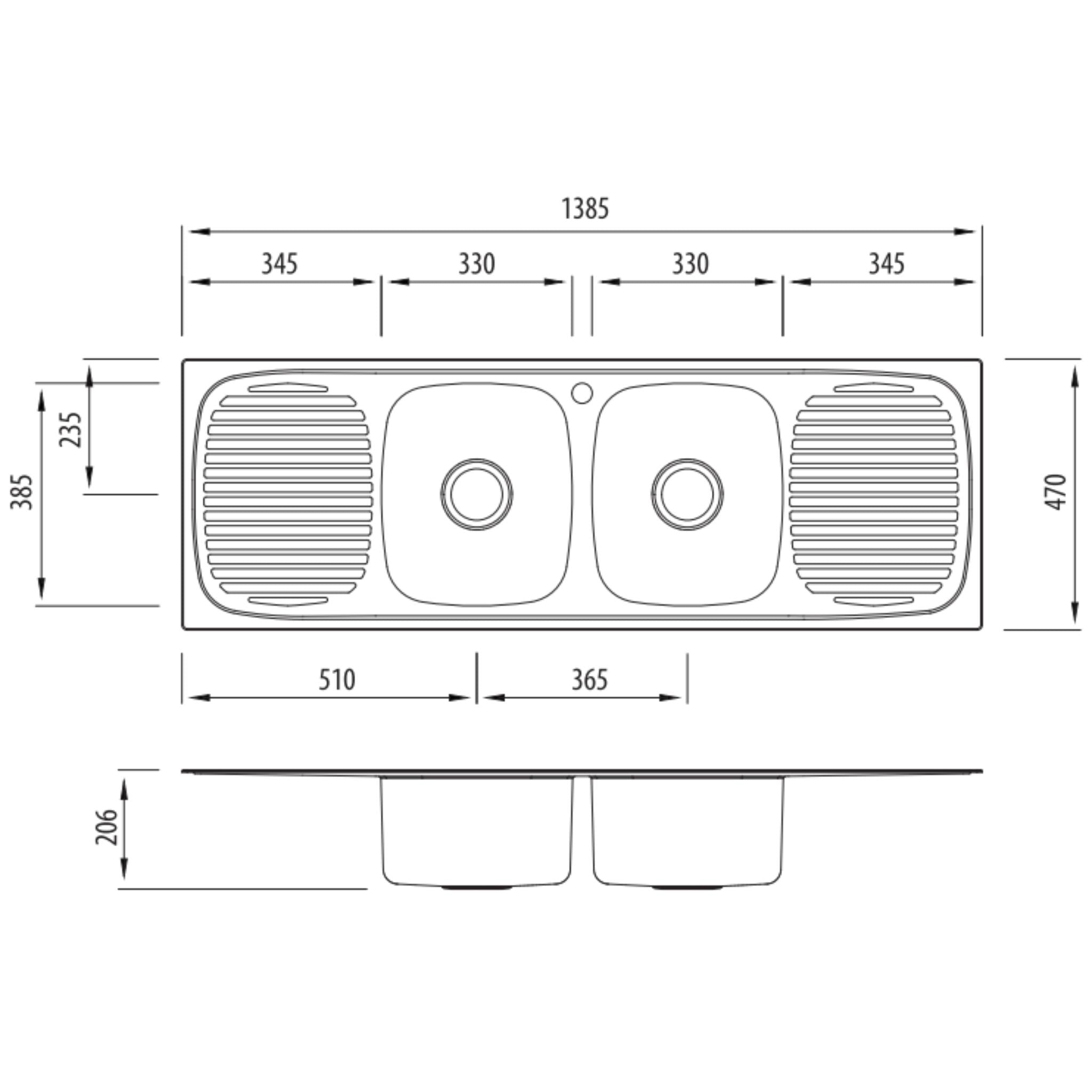OLIVERI ULTRAFORM DOUBLE BOWL TOPMOUNT KITCHEN SINK WITH DOUBLE DRAINER STAINLESS STEEL 1385MM