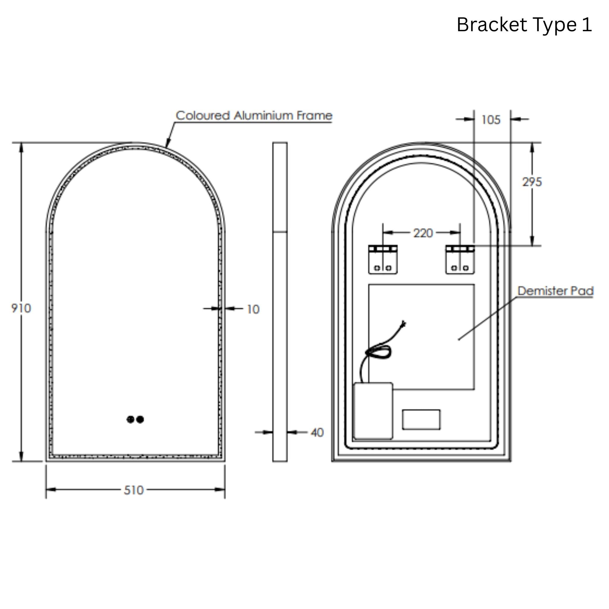 REMER ARCH FRAMED LED MIRROR W/ DEMISTER CUSTOM COLOURS 500X900MM