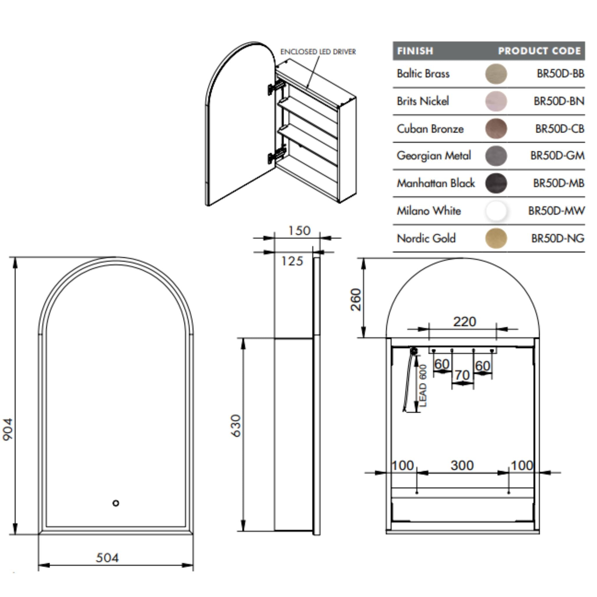 REMER BLANCA CUSTOM COLOURS FRAMED WHITE LED SHAVING CABINET 504X904MM