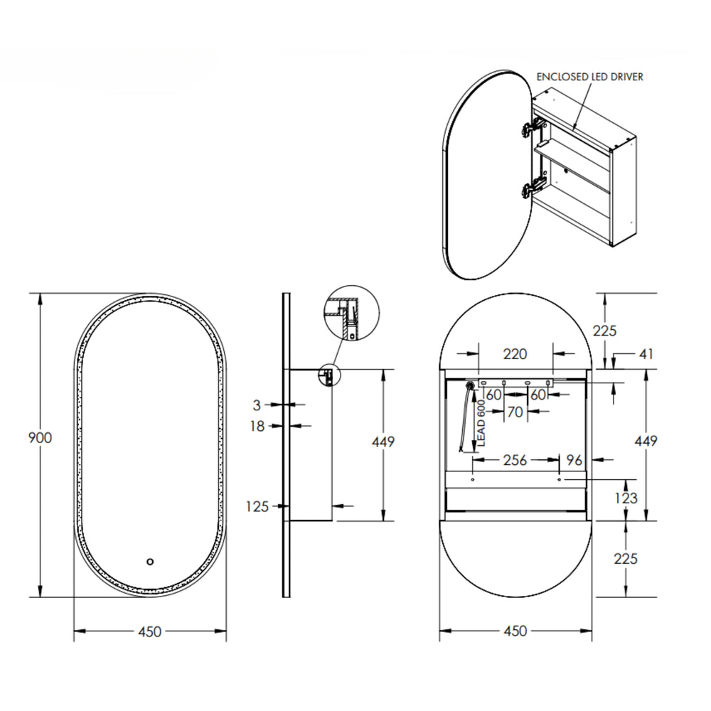 REMER CAPSULE FRAMELESS WHITE LED SHAVING CABINET 450X900MM