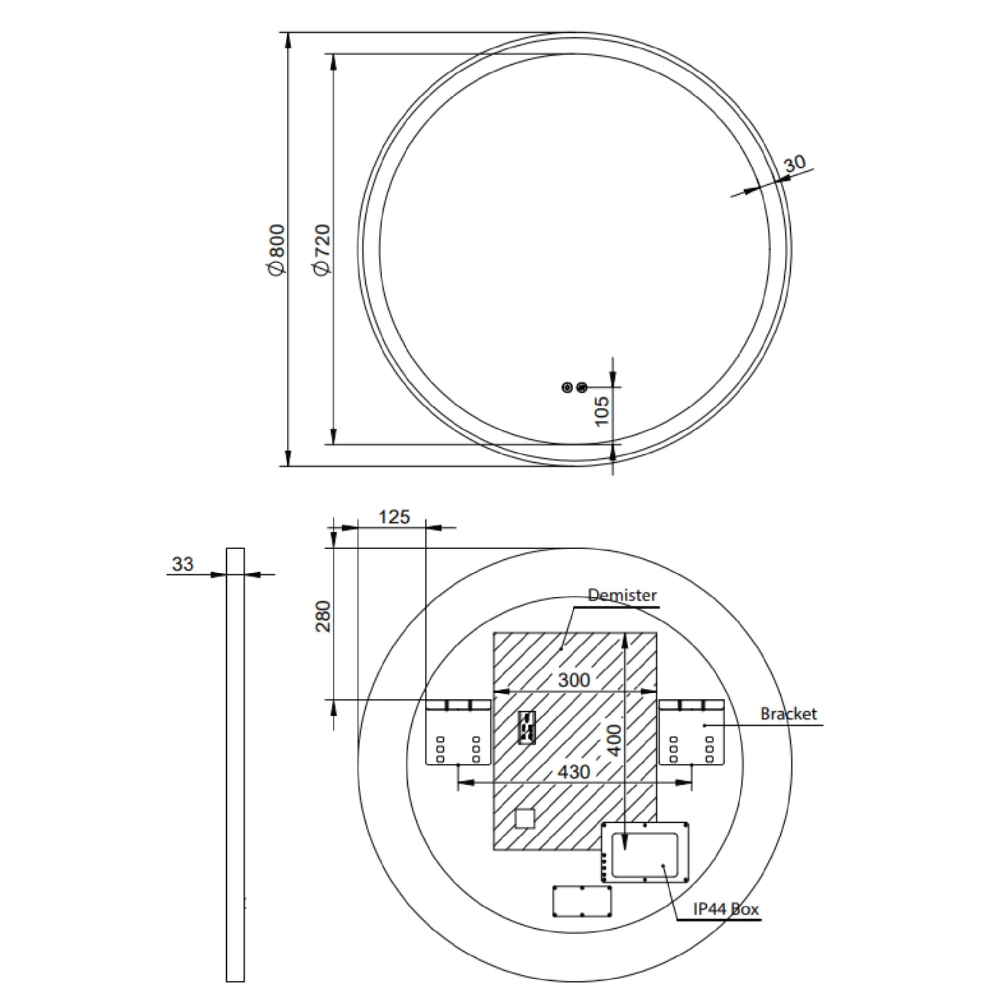 REMER ECLIPSE ROUND FRAMED LED MIRROR WITH DEMISTER MATTE BLACK 800X800MM