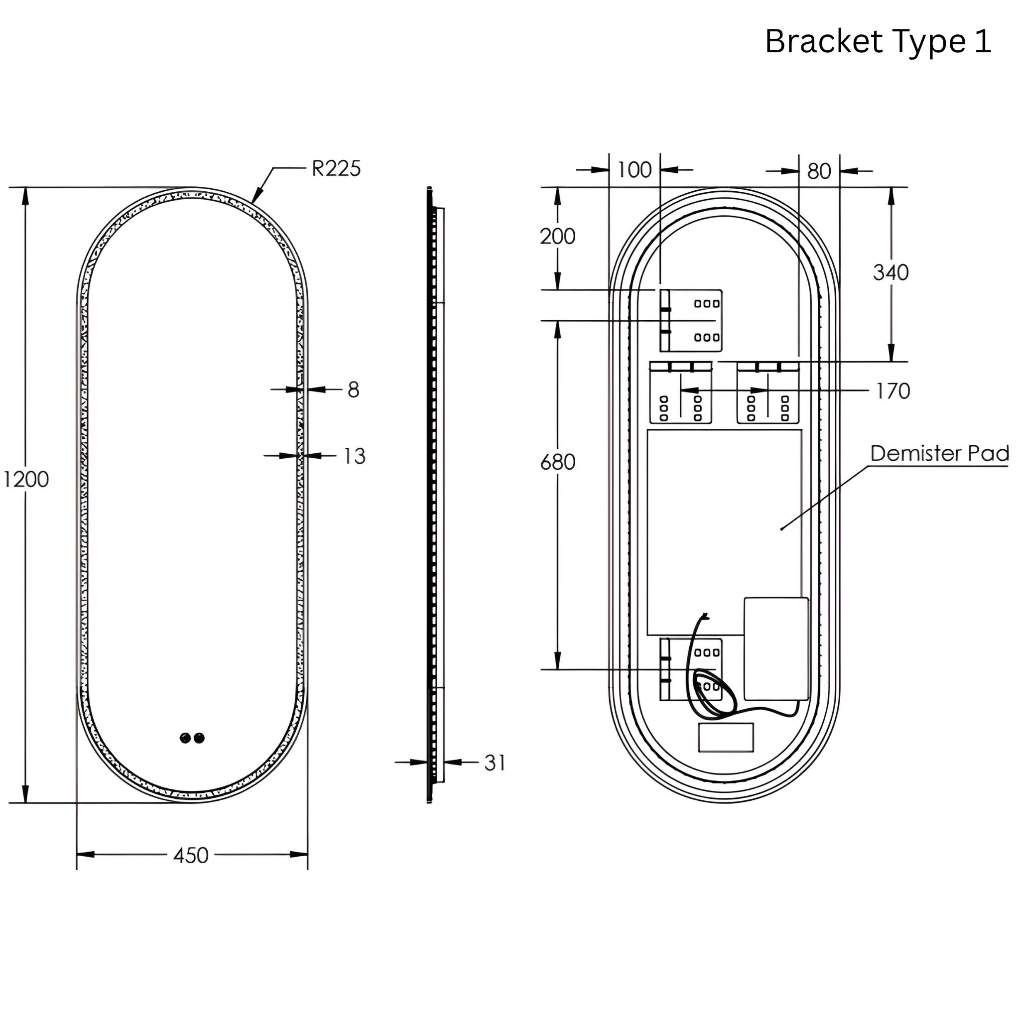 REMER GATSBY OVAL FRAMED LED MIRROR W/ DEMISTER & PORTABLE MAGNIFIER CUSTOM COLOURS 450X1200MM