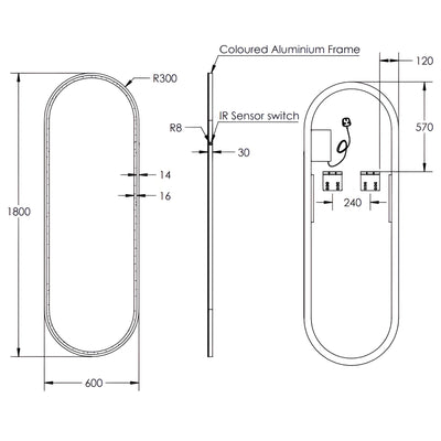 REMER GATSBY OVAL FRAMED LED MIRROR MATTE BLACK 600X1800MM