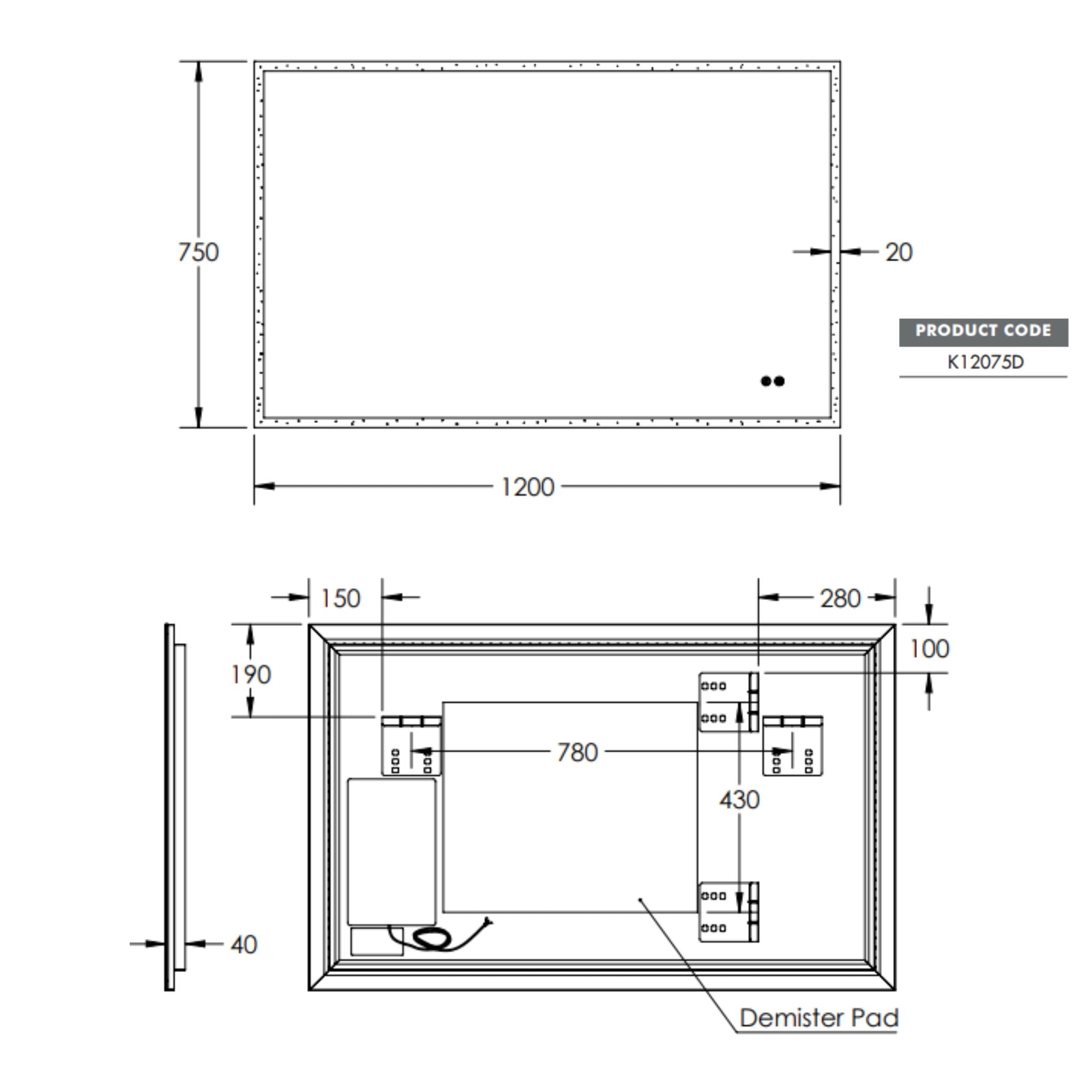 REMER KARA RECTANGLE FRAMELESS LED MIRROR W/ DEMISTER & PORTABLE MAGNIFIER 1200X750MM