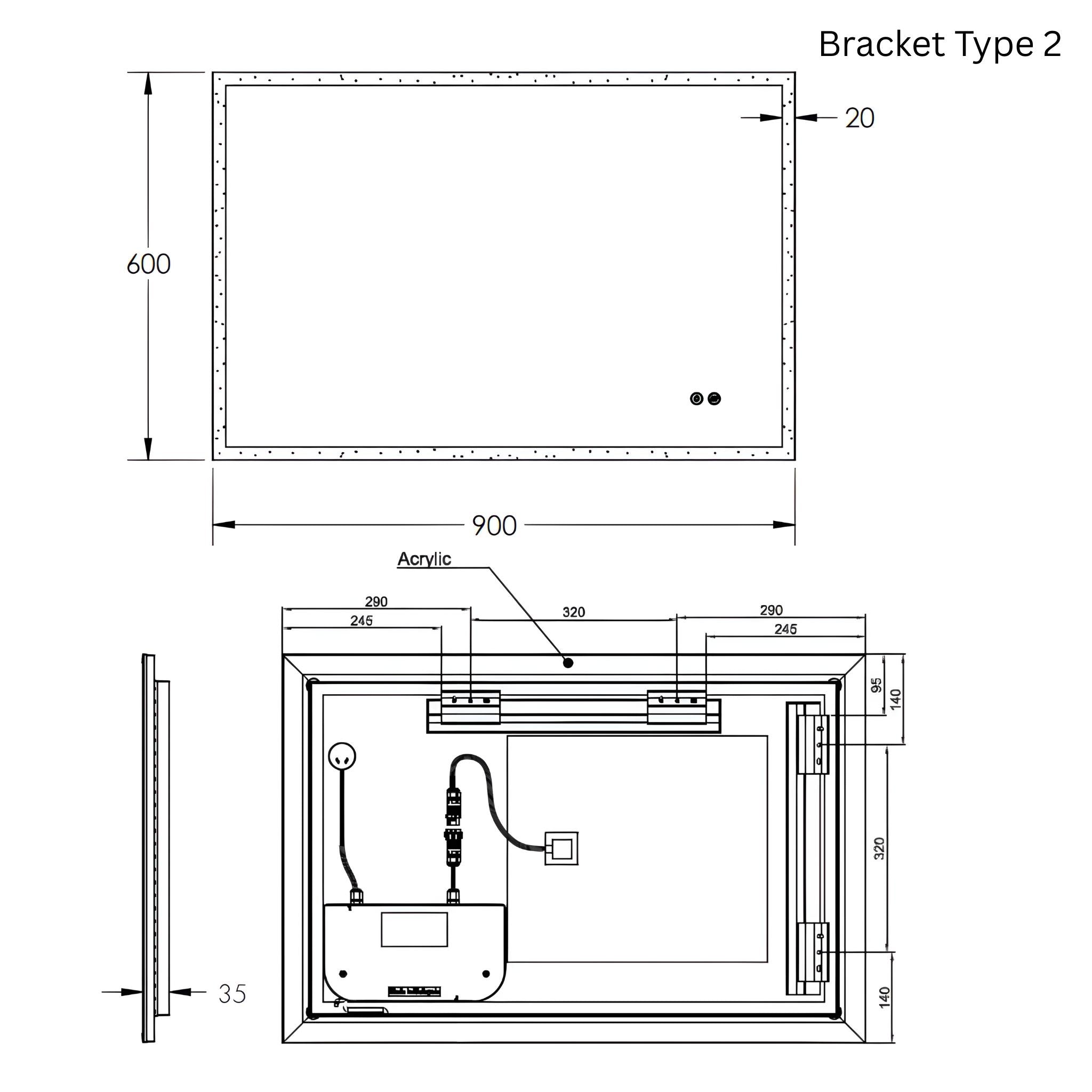REMER KARA RECTANGLE FRAMELESS LED MIRROR W/ DEMISTER & PORTABLE MAGNIFIER 900X600MM