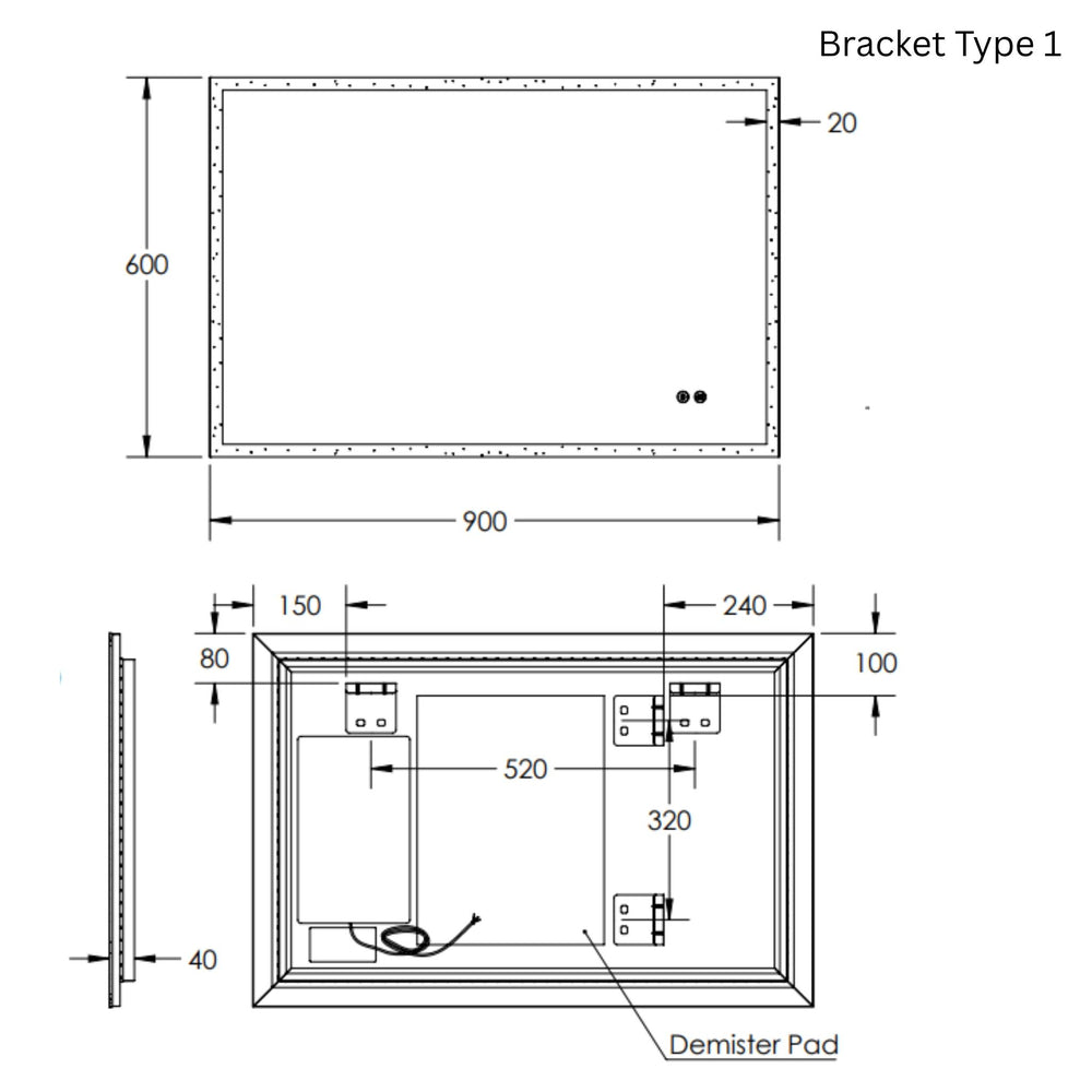 REMER KARA RECTANGLE FRAMELESS LED MIRROR WITH DEMISTER 900X600MM
