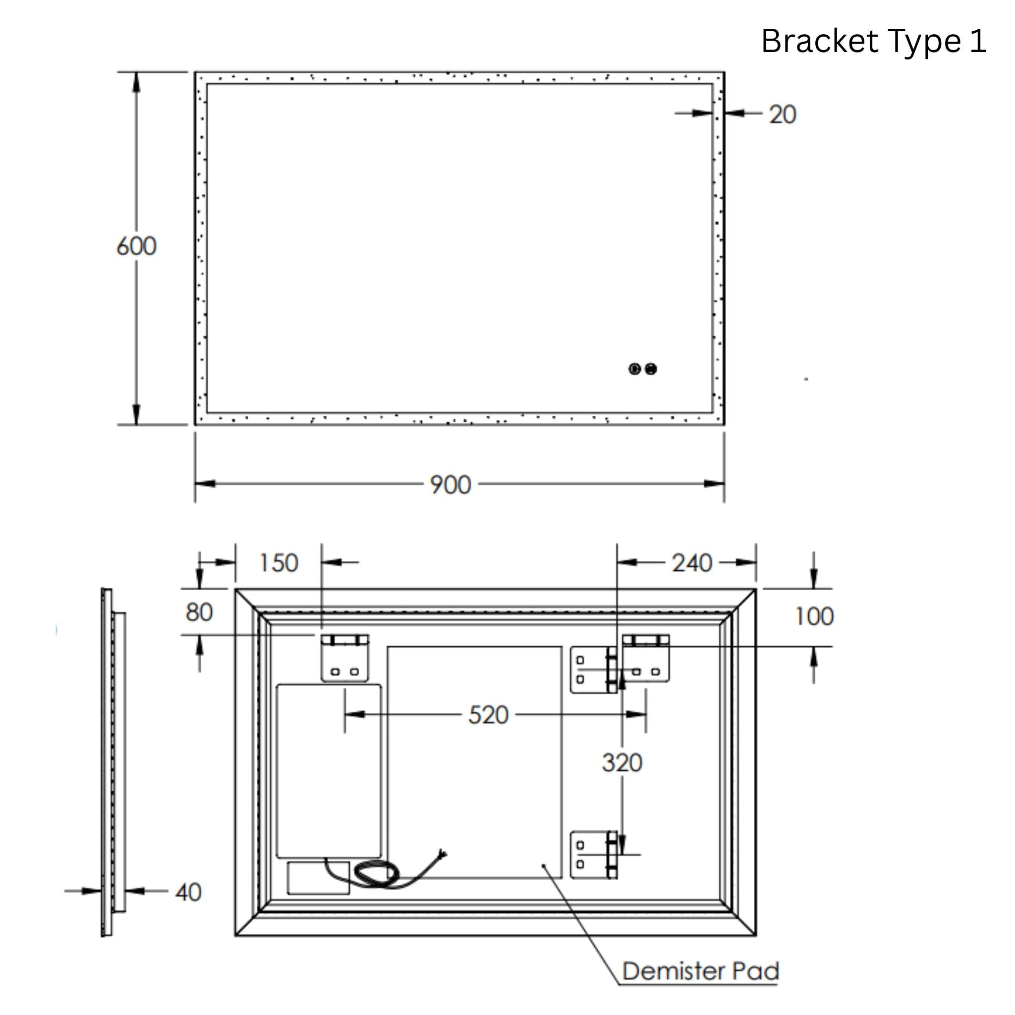 REMER KARA RECTANGLE FRAMELESS LED MIRROR W/ DEMISTER & PORTABLE MAGNIFIER 900X600MM