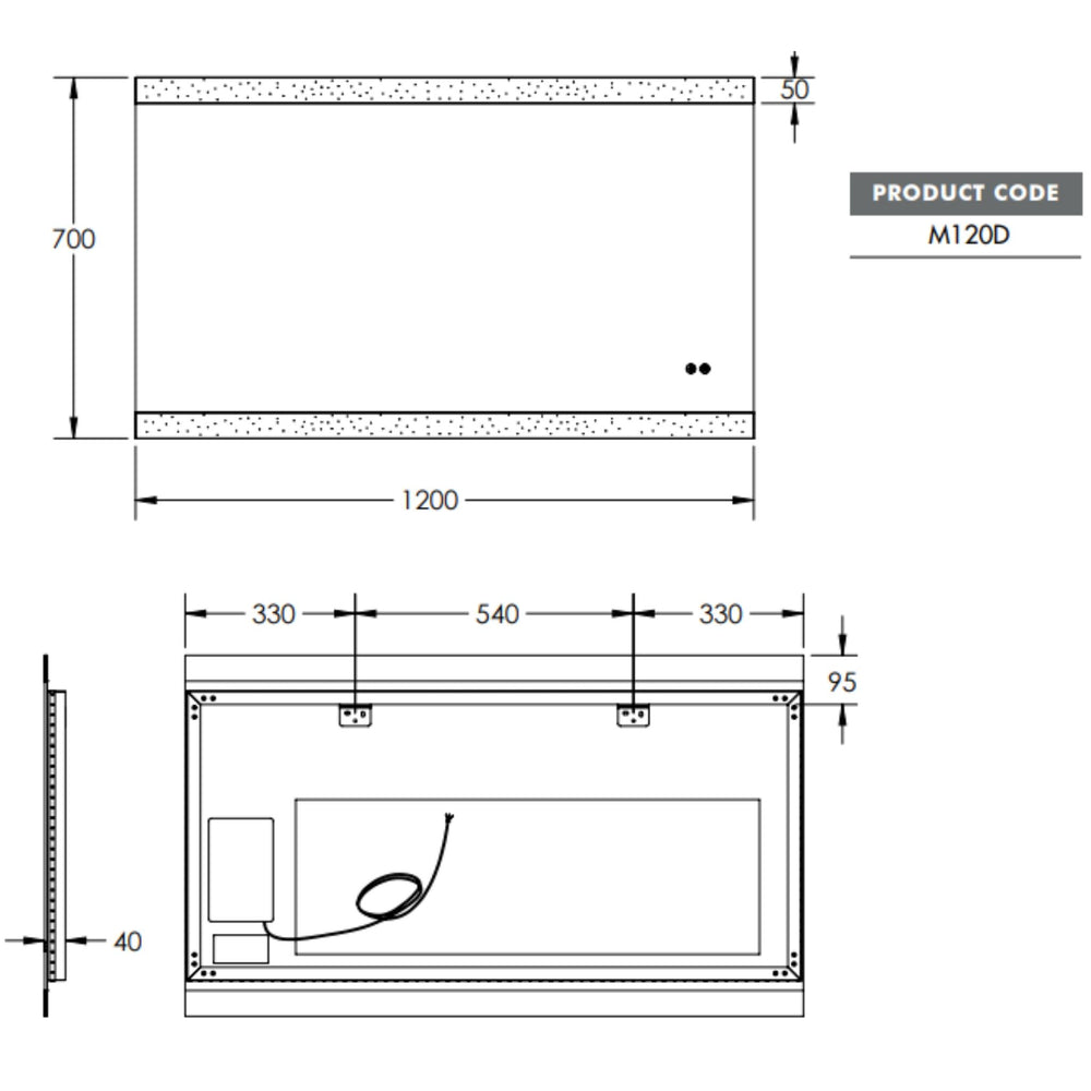 REMER MIRO RECTANGLE FRAMELESS LED MIRROR W/ DEMISTER & PORTABLE MAGNIFIER 1200X700MM