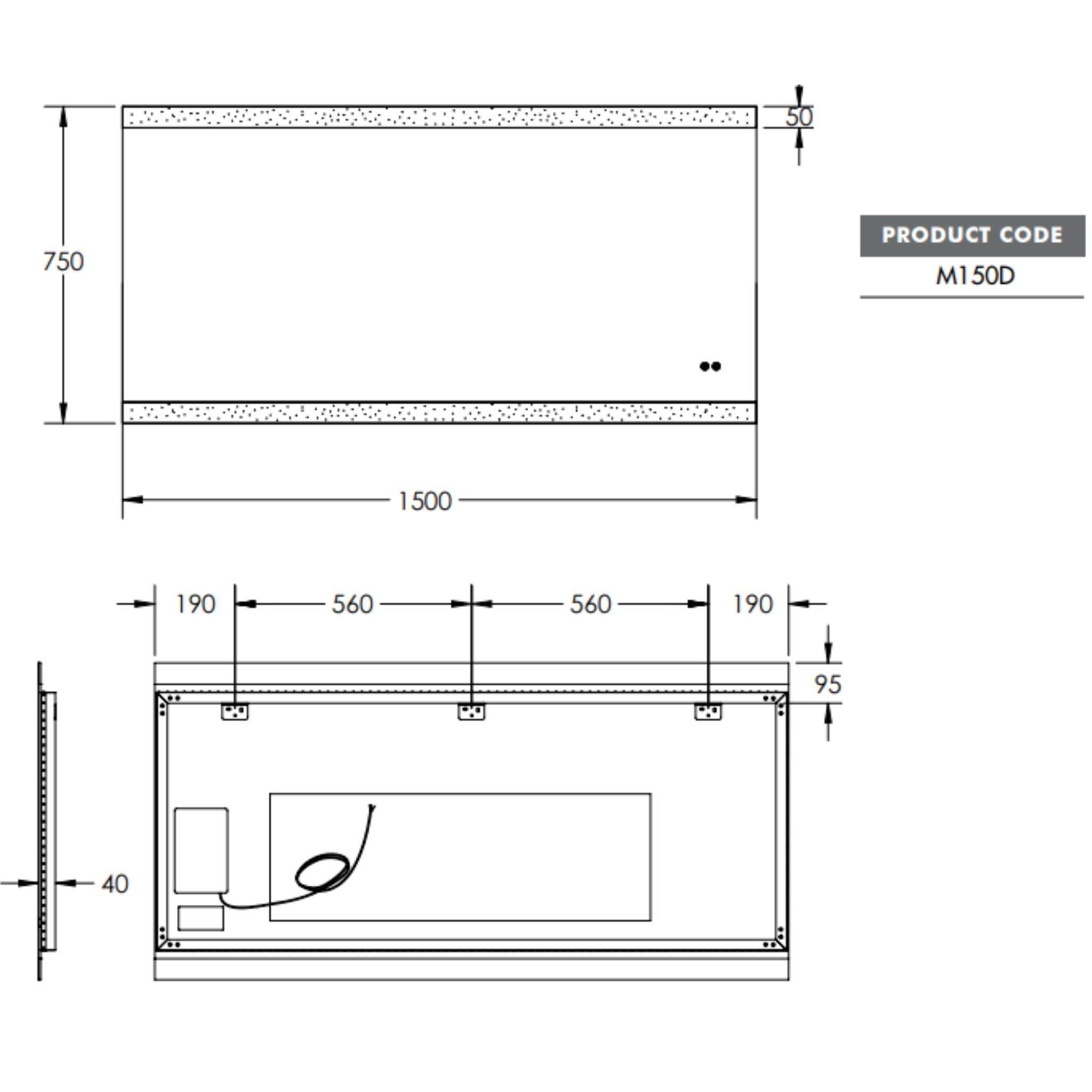 REMER MIRO RECTANGLE FRAMELESS LED MIRROR W/ DEMISTER & PORTABLE MAGNIFIER 1500X750MM