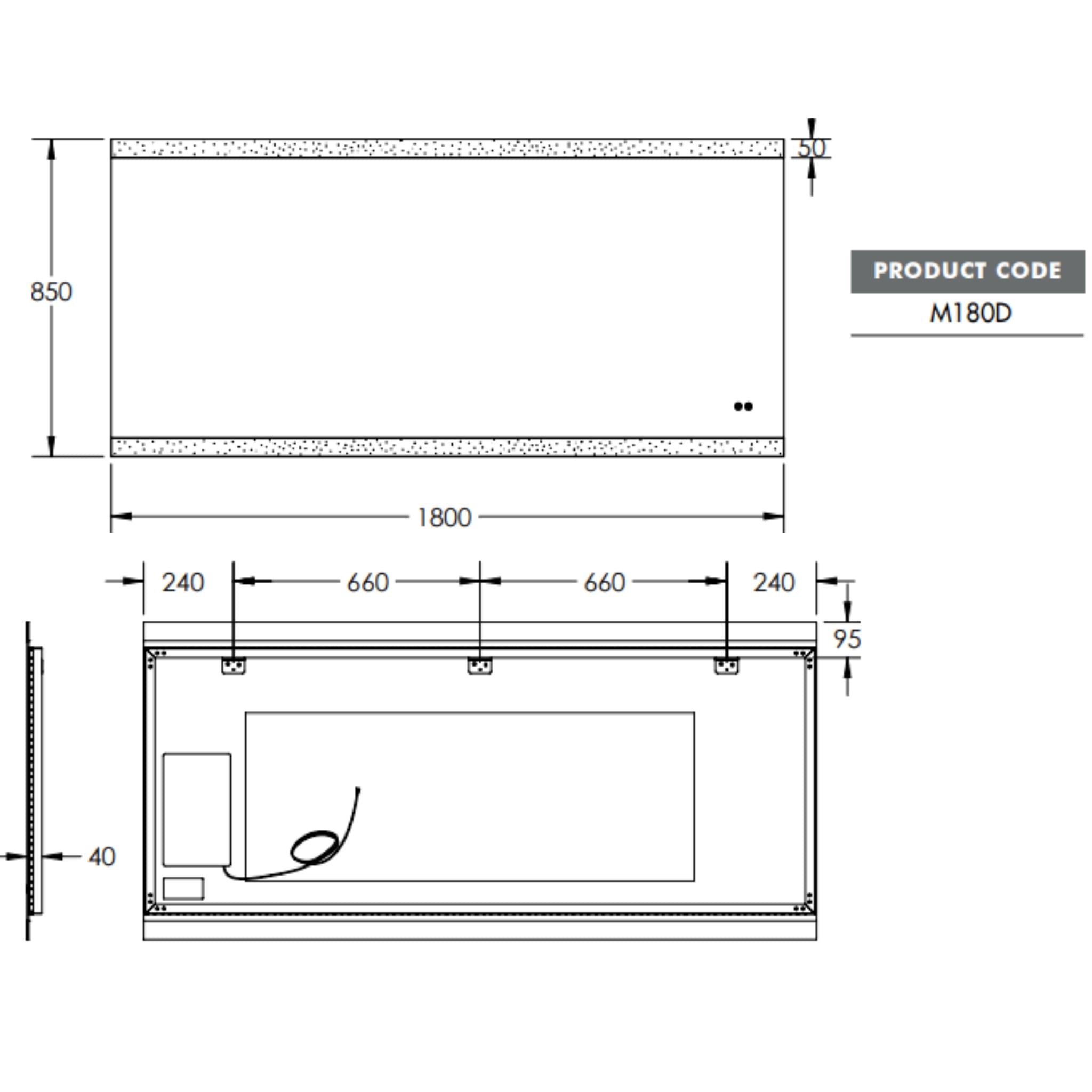 REMER MIRO RECTANGLE FRAMELESS LED MIRROR W/ DEMISTER & PORTABLE MAGNIFIER 1800X850MM