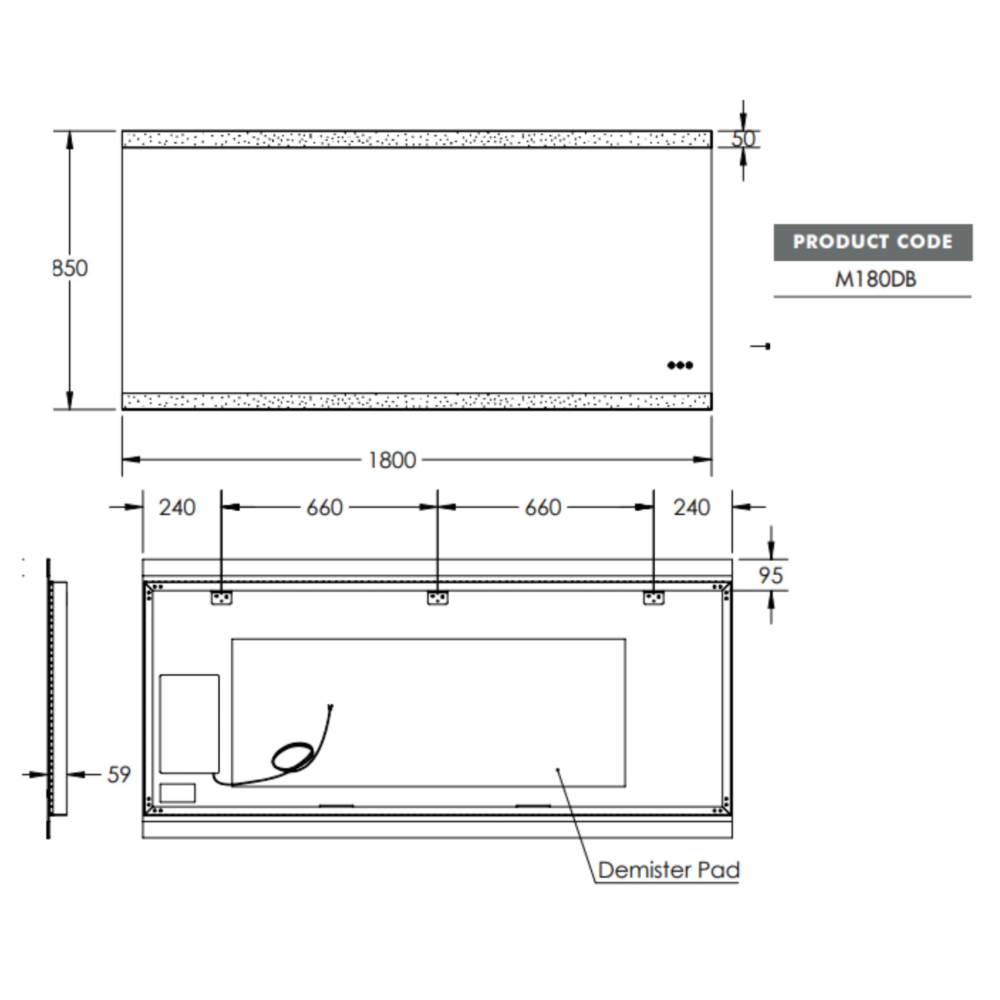 REMER MIRO RECTANGLE FRAMELESS LED MIRROR W/ DEMISTER, BLUETOOTH SPEAKERS & PORTABLE MAGNIFIER 1800X850MM