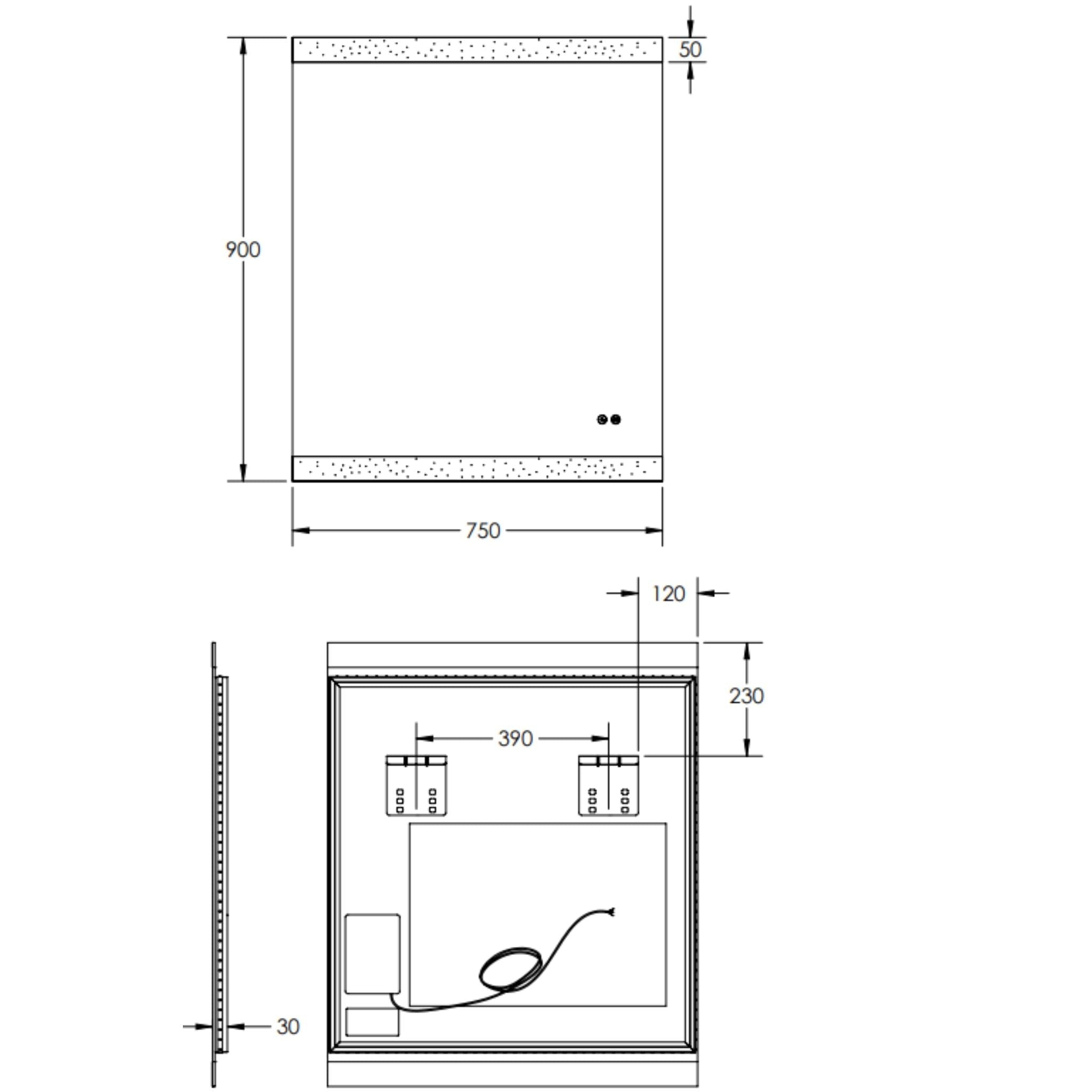 REMER MIRO RECTANGLE FRAMELESS LED MIRROR W/ DEMISTER & PORTABLE MAGNIFIER 750X900MM