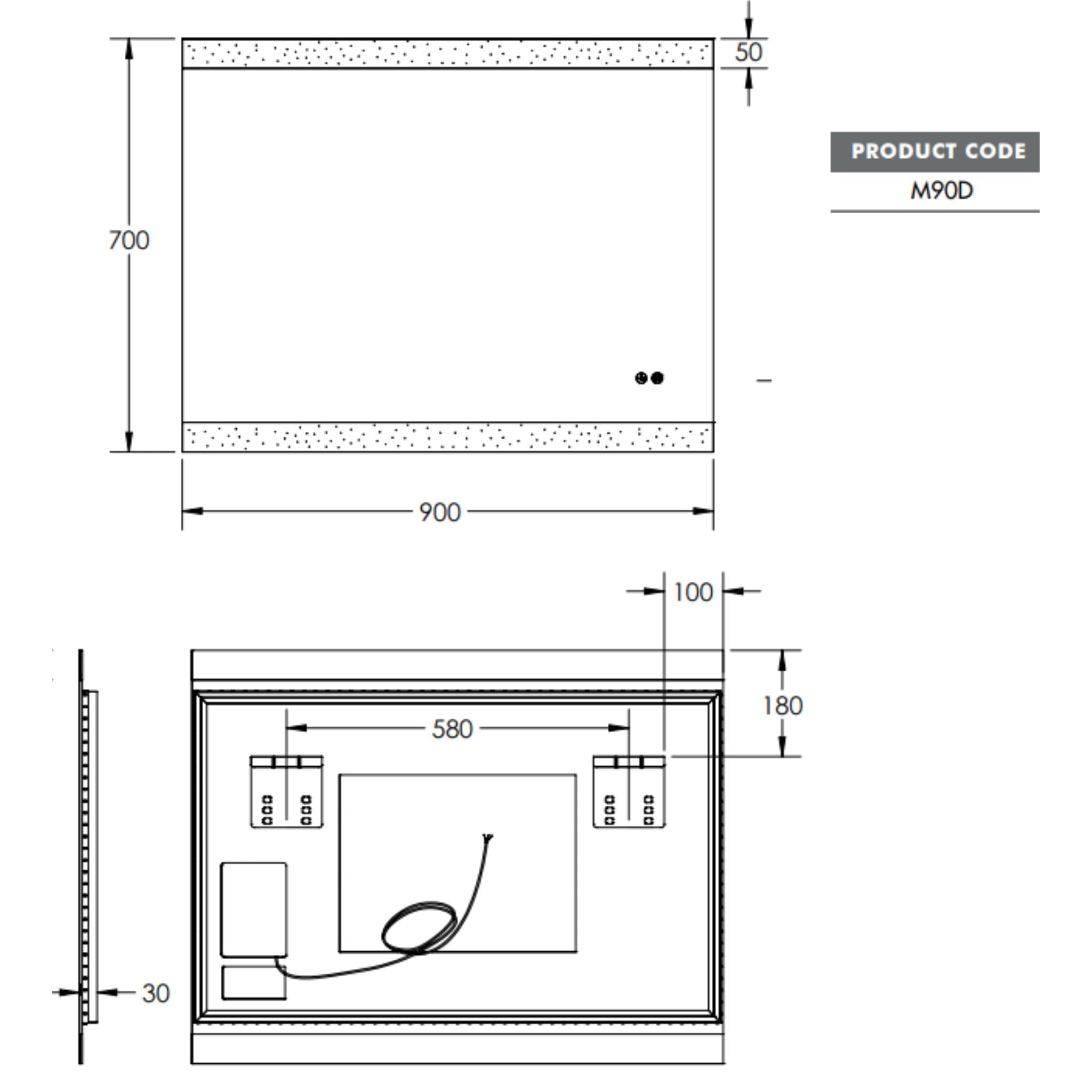 REMER MIRO RECTANGLE FRAMELESS LED MIRROR W/ DEMISTER & PORTABLE MAGNIFIER 900X700MM