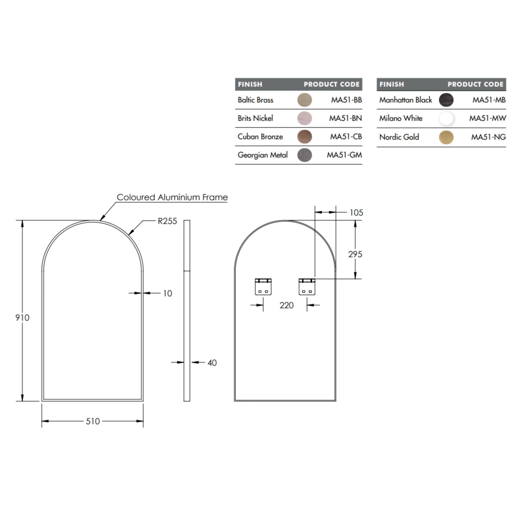 REMER MODERN ARCH FRAMED MIRROR CUSTOM COLOURS 510X910MM