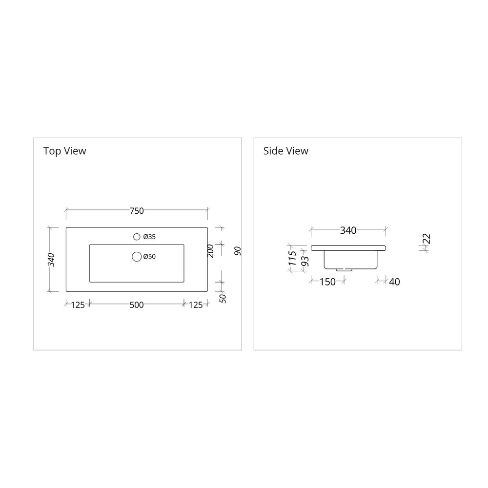 DUROCLASS MONACO ENSUITE GLOSS WHITE SINGLE BOWL UNDERMOUNT VANITY TOP (AVAILABLE IN 600MM AND 750MM)