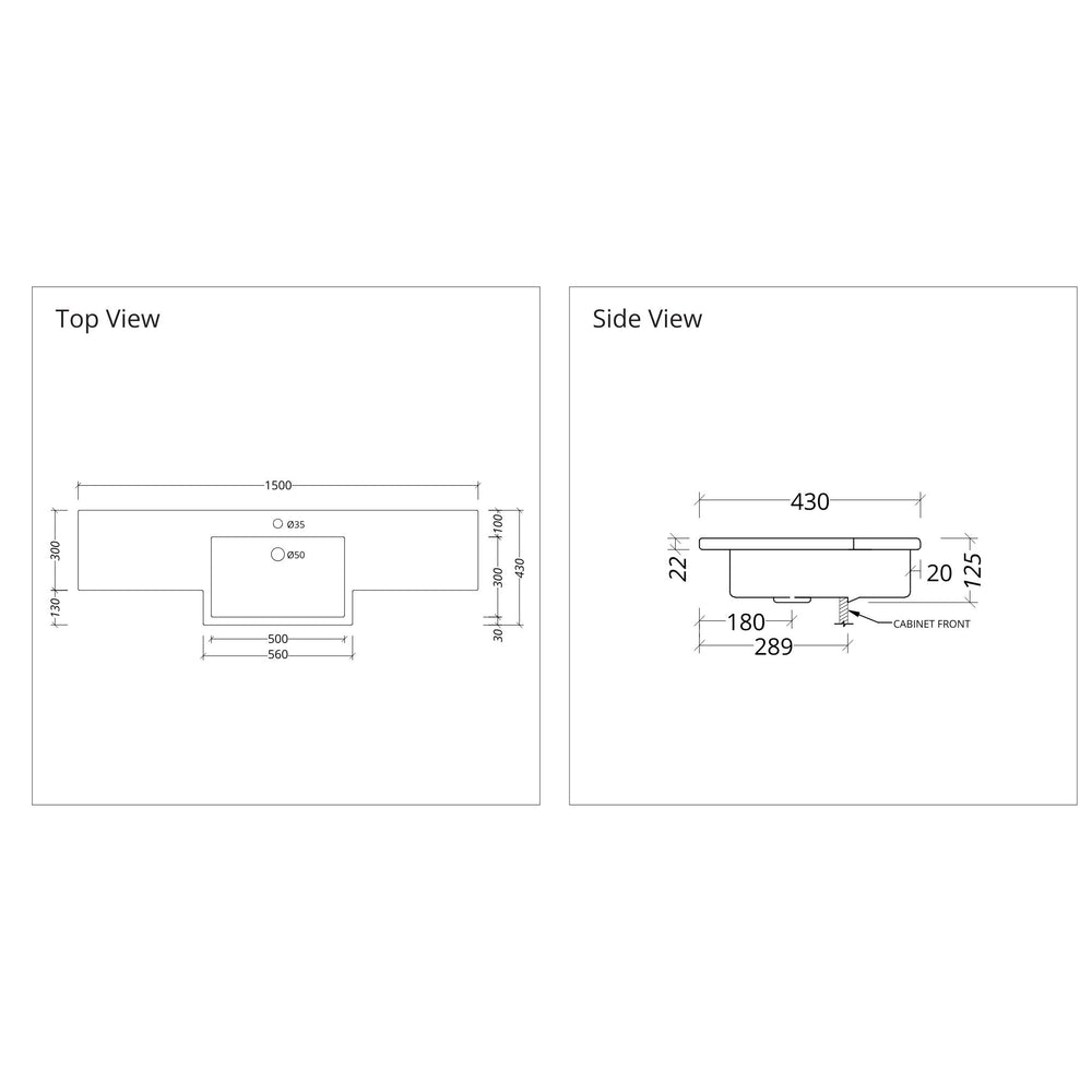 DUROCLASS MONACO FORWARD GLOSS WHITE SINGLE BOWL SEMI-RECESSED VANITY TOP (MULTIPLE SIZES AVAILABLE)