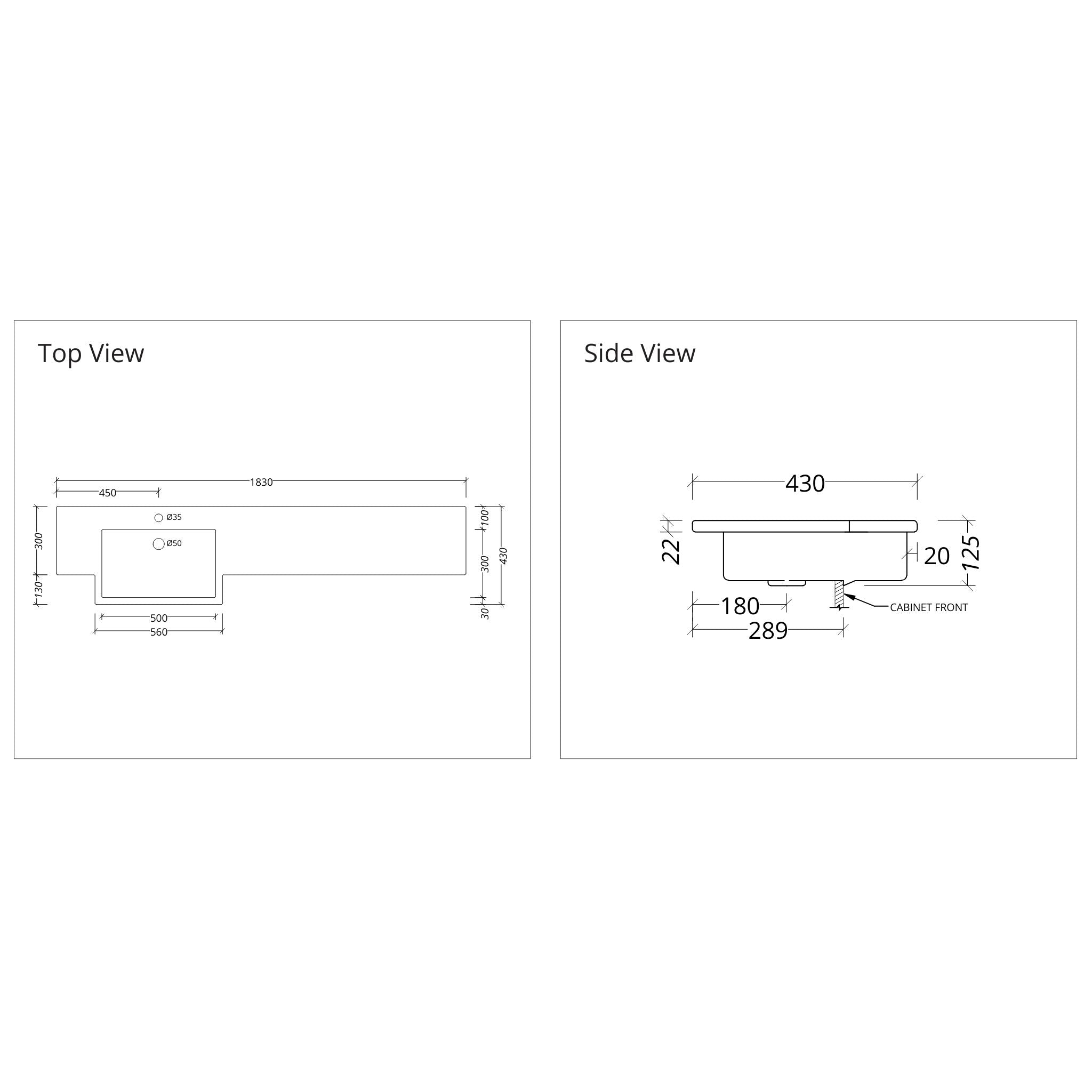 DUROCLASS MONACO FORWARD GLOSS WHITE OFFSET SINGLE BOWL SEMI-RECESSED VANITY TOP 1830MM