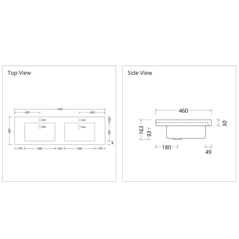 DUROCLASS MONACO MAJOR GLOSS WHITE DOUBLE BOWL UNDERMOUNT VANITY TOP (AVAILABLE IN 1500MM AND 1800MM)