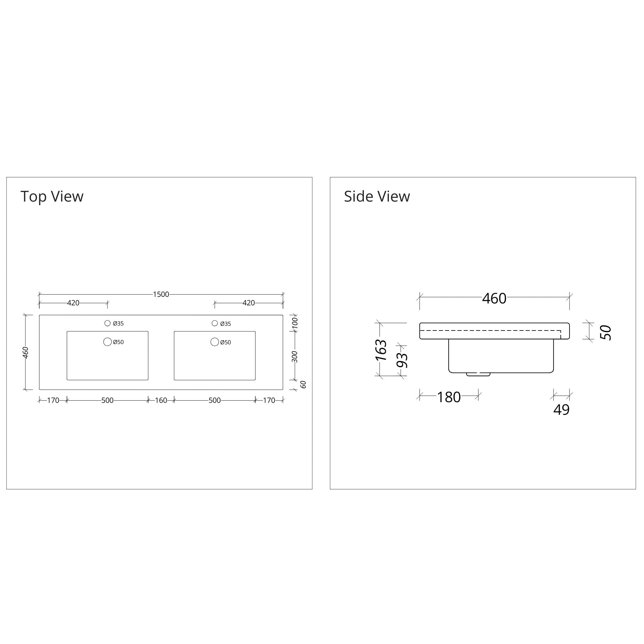 DUROCLASS MONACO MAJOR GLOSS WHITE DOUBLE BOWL UNDERMOUNT VANITY TOP (AVAILABLE IN 1500MM AND 1800MM)