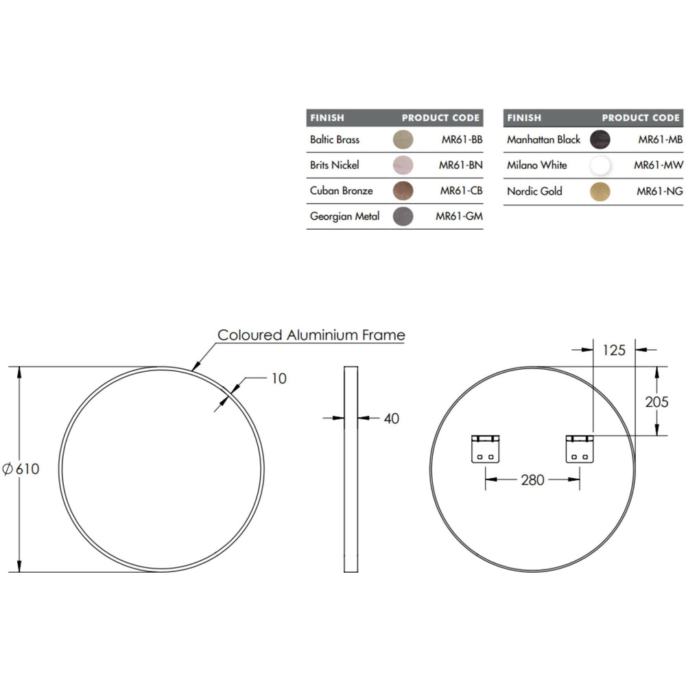 REMER MODERN ROUND FRAMED MIRROR WITH PORTABLE MAGNIFIER CUSTOM COLOURS 610X610MM
