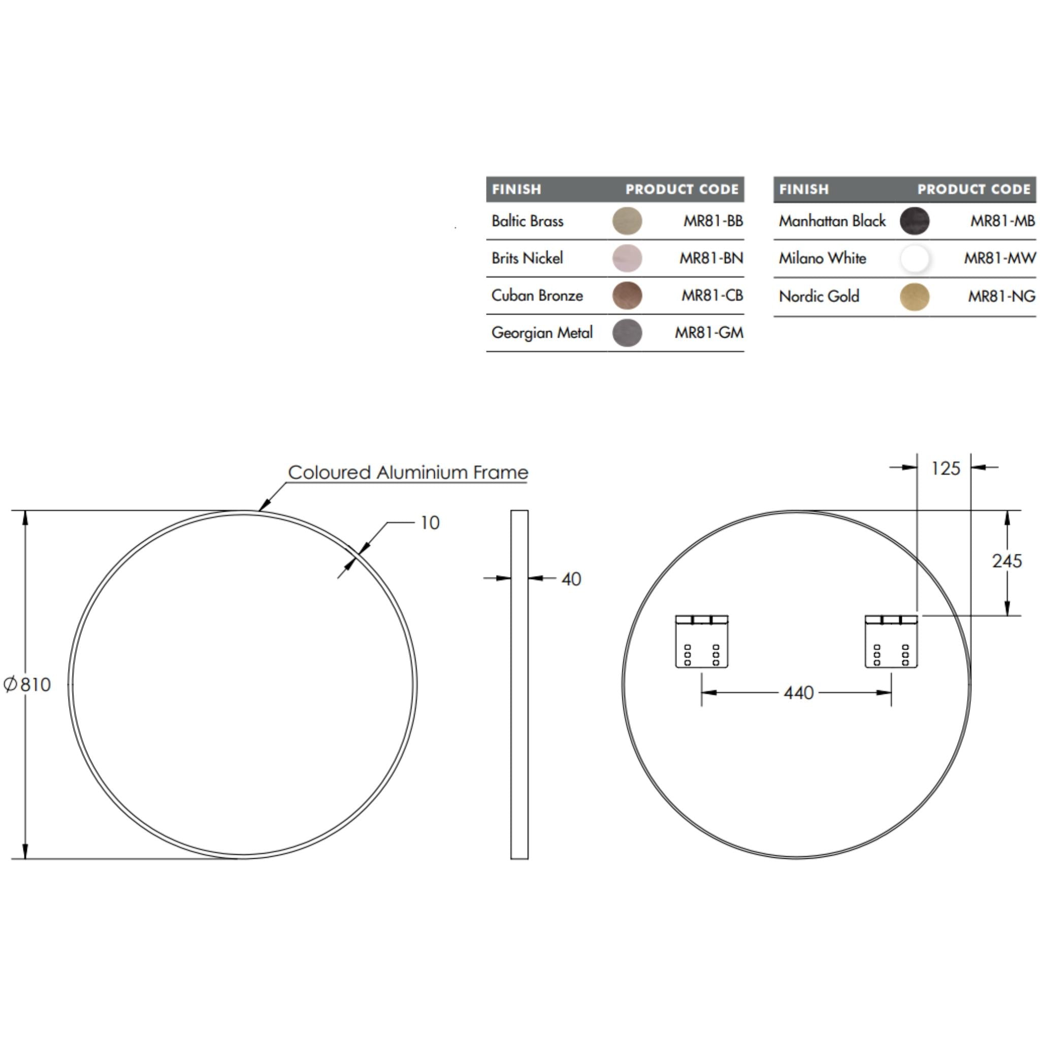 REMER MODERN ROUND FRAMED MIRROR CUSTOM COLOURS 810X810MM