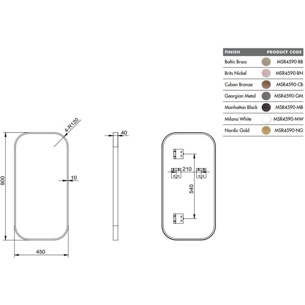 REMER MODERN CURVED RECTANGLE FRAMED MIRROR WITH PORTABLE MAGNIFIER CUSTOM COLOURS 450X900MM