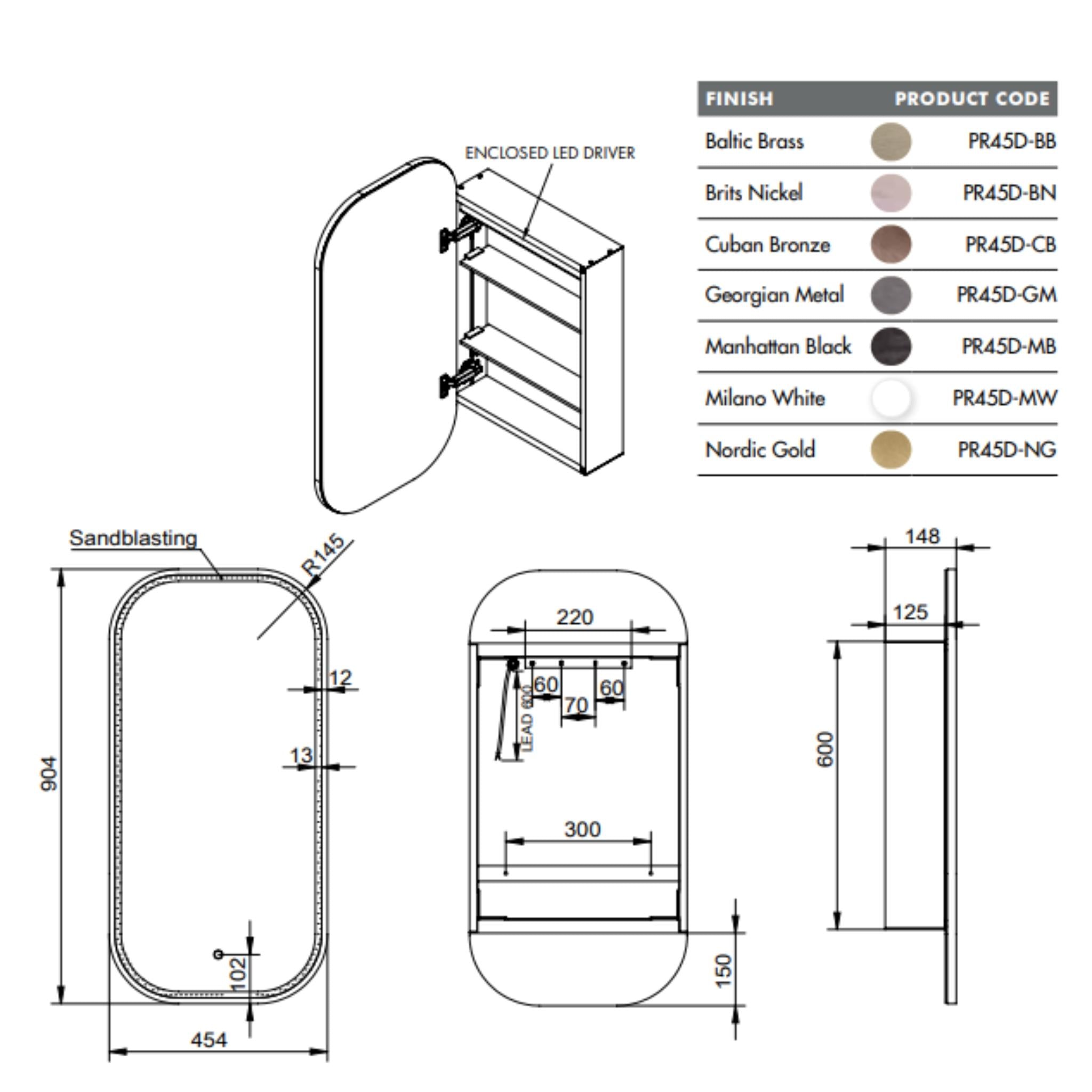 REMER PIAZZA CUSTOM COLOURS FRAMED WHITE LED SHAVING CABINET 454X904MM