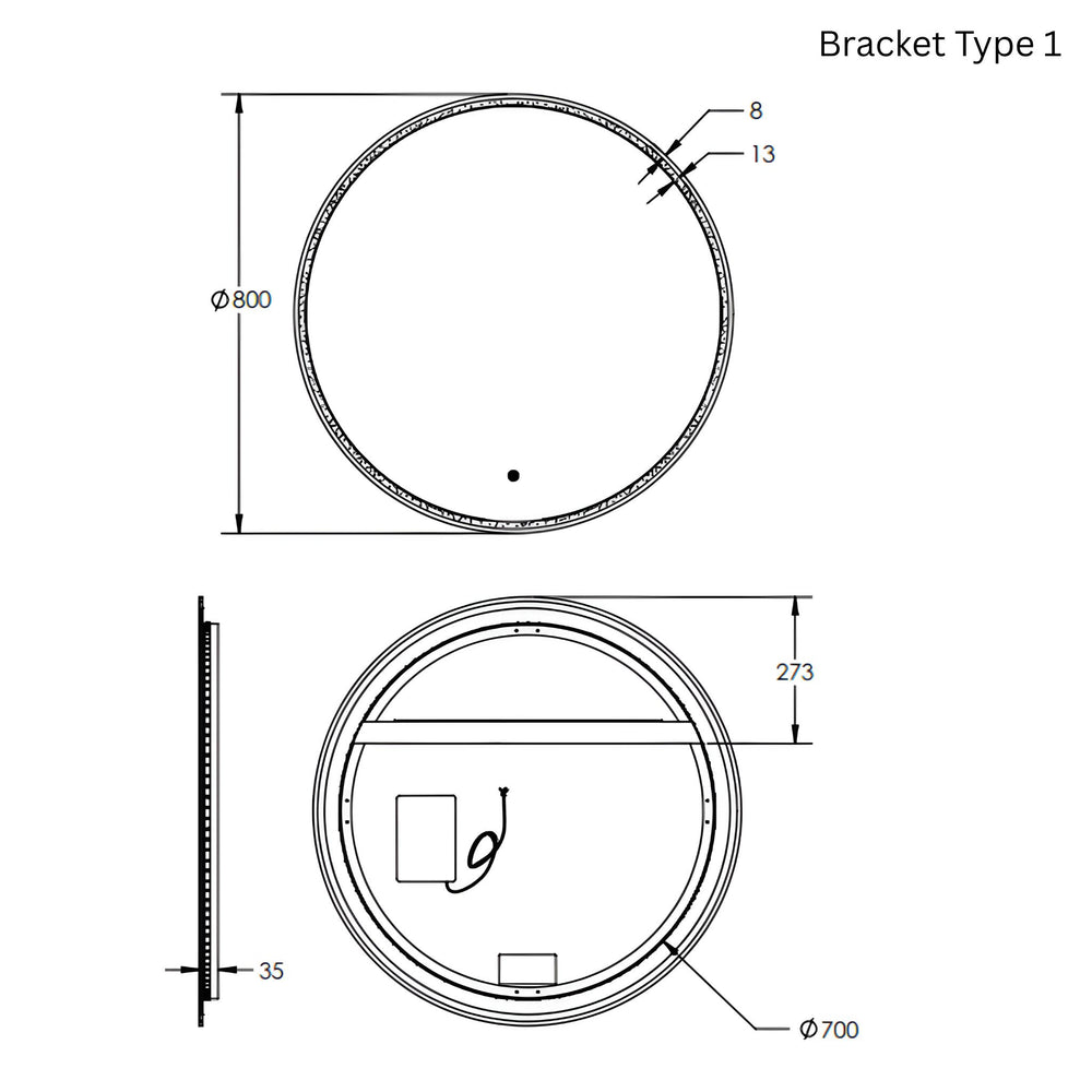 REMER SPHERE FRAMELESS LED MIRROR WITH PORTABLE MAGNIFIER 800X800MM