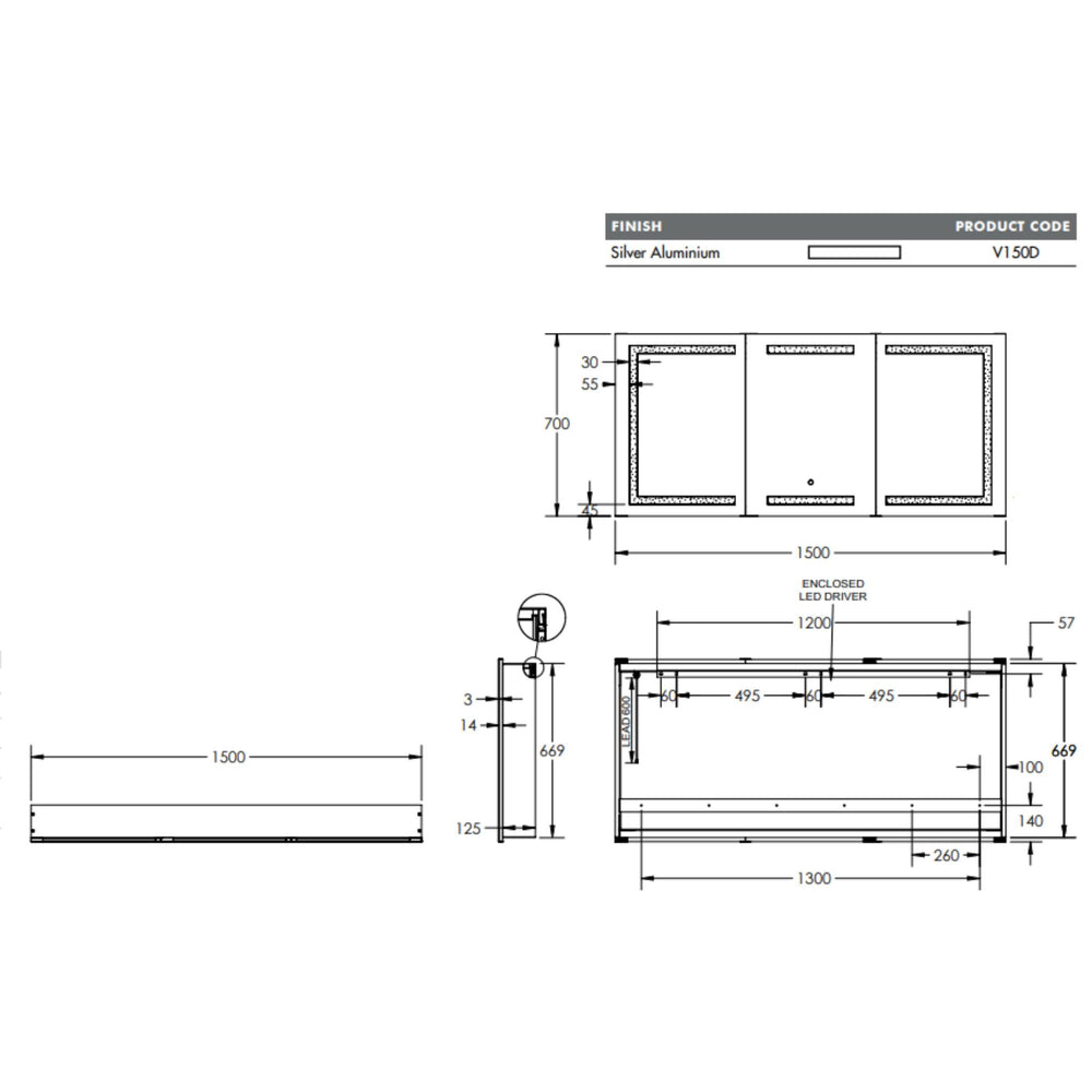 REMER VERA SILVER LED SHAVING CABINET 1500X700MM