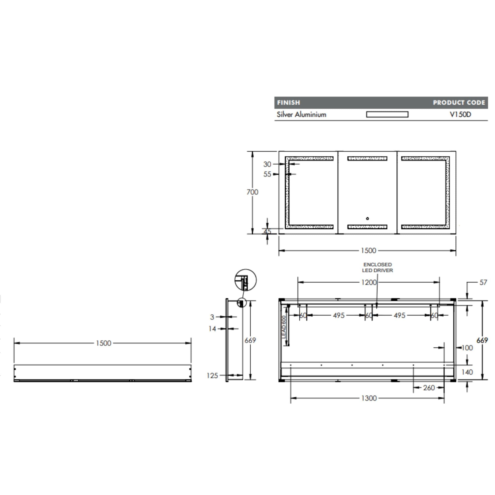 REMER VERA SILVER LED SHAVING CABINET 1500X700MM