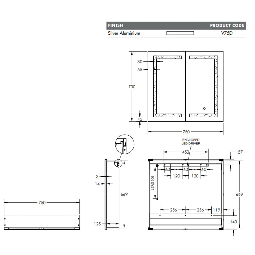REMER VERA SILVER LED SHAVING CABINET 750X700MM