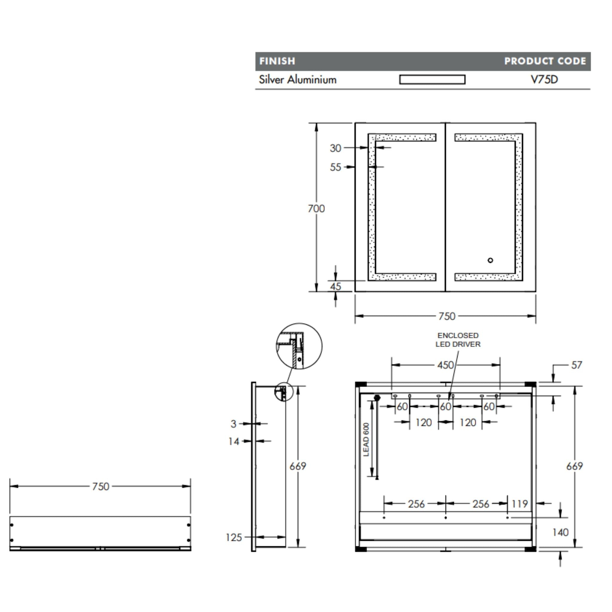 REMER VERA SILVER LED SHAVING CABINET 750X700MM