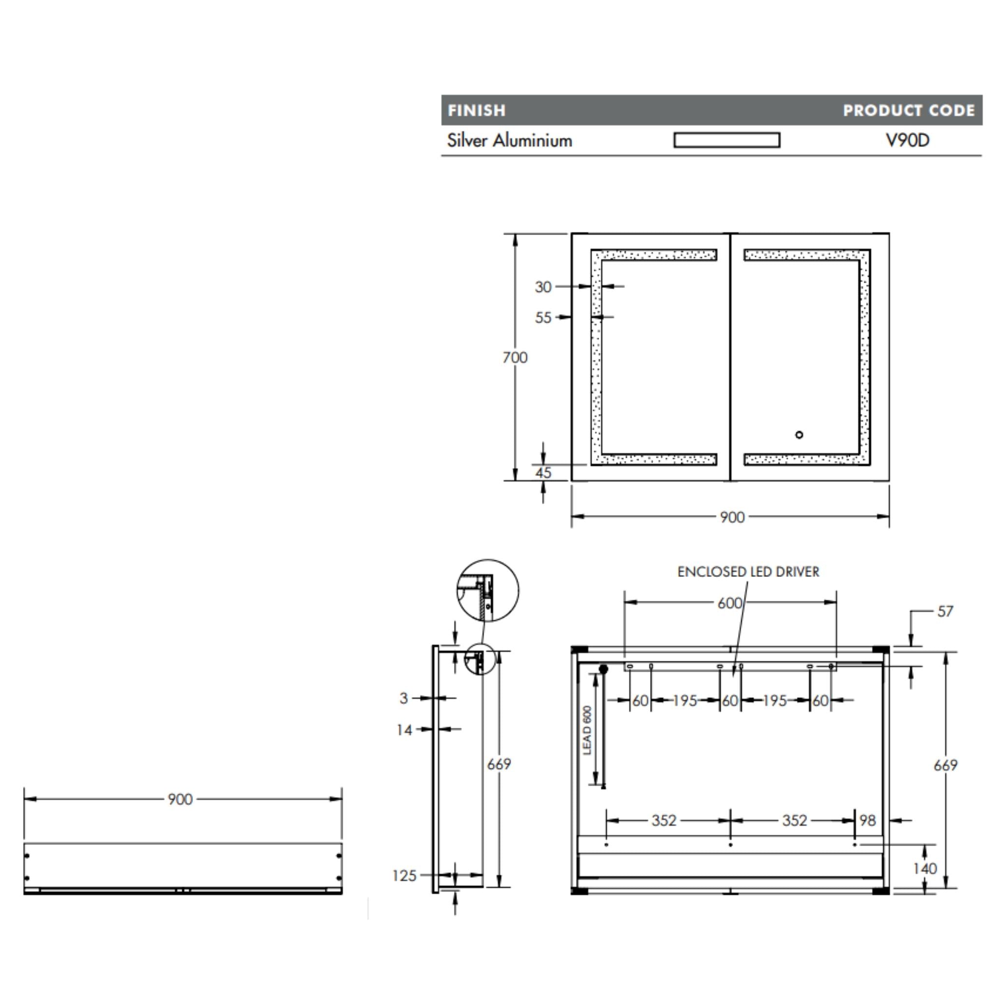 REMER VERA SILVER LED SHAVING CABINET 900X700MM