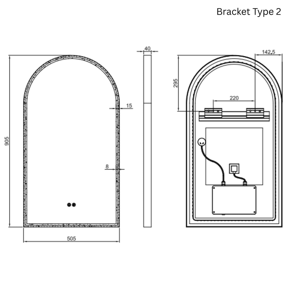 REMER ARCH FRAMED LED MIRROR W/ DEMISTER CUSTOM COLOURS 500X900MM