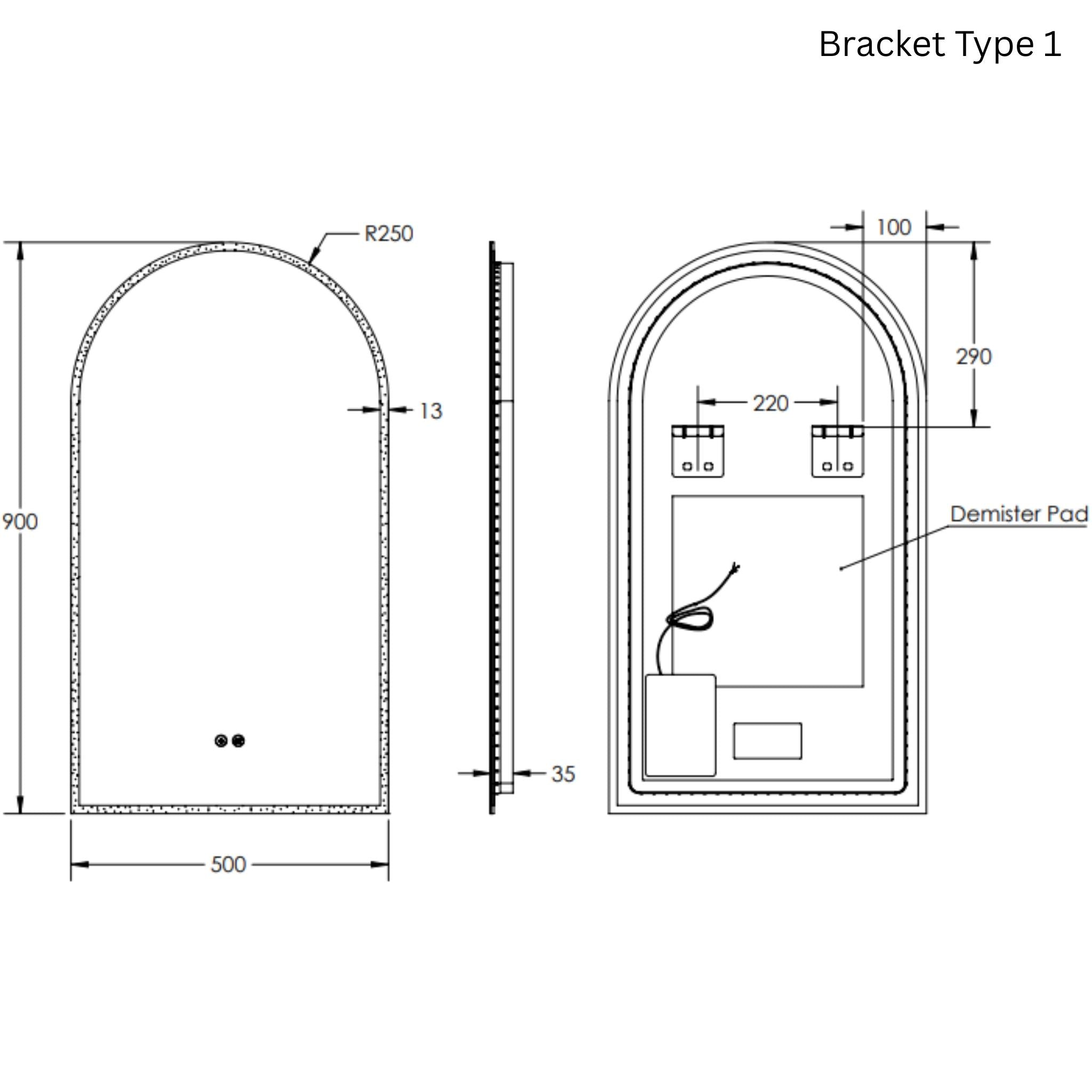 REMER ARCH FRAMELESS LED MIRROR W/ DEMISTER & PORTABLE MAGNIFIER 500X900MM