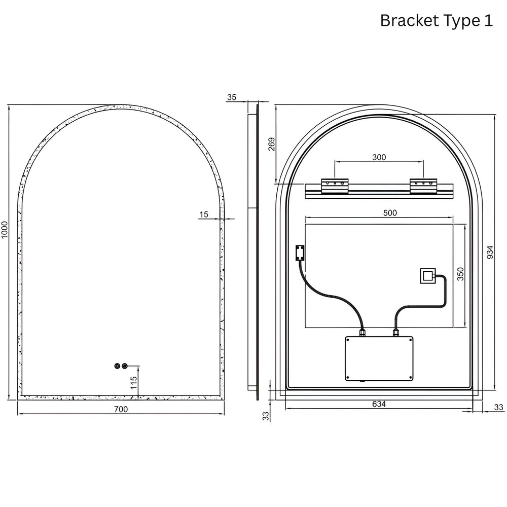 REMER ARCH FRAMELESS LED MIRROR W/ DEMISTER 700X1000MM