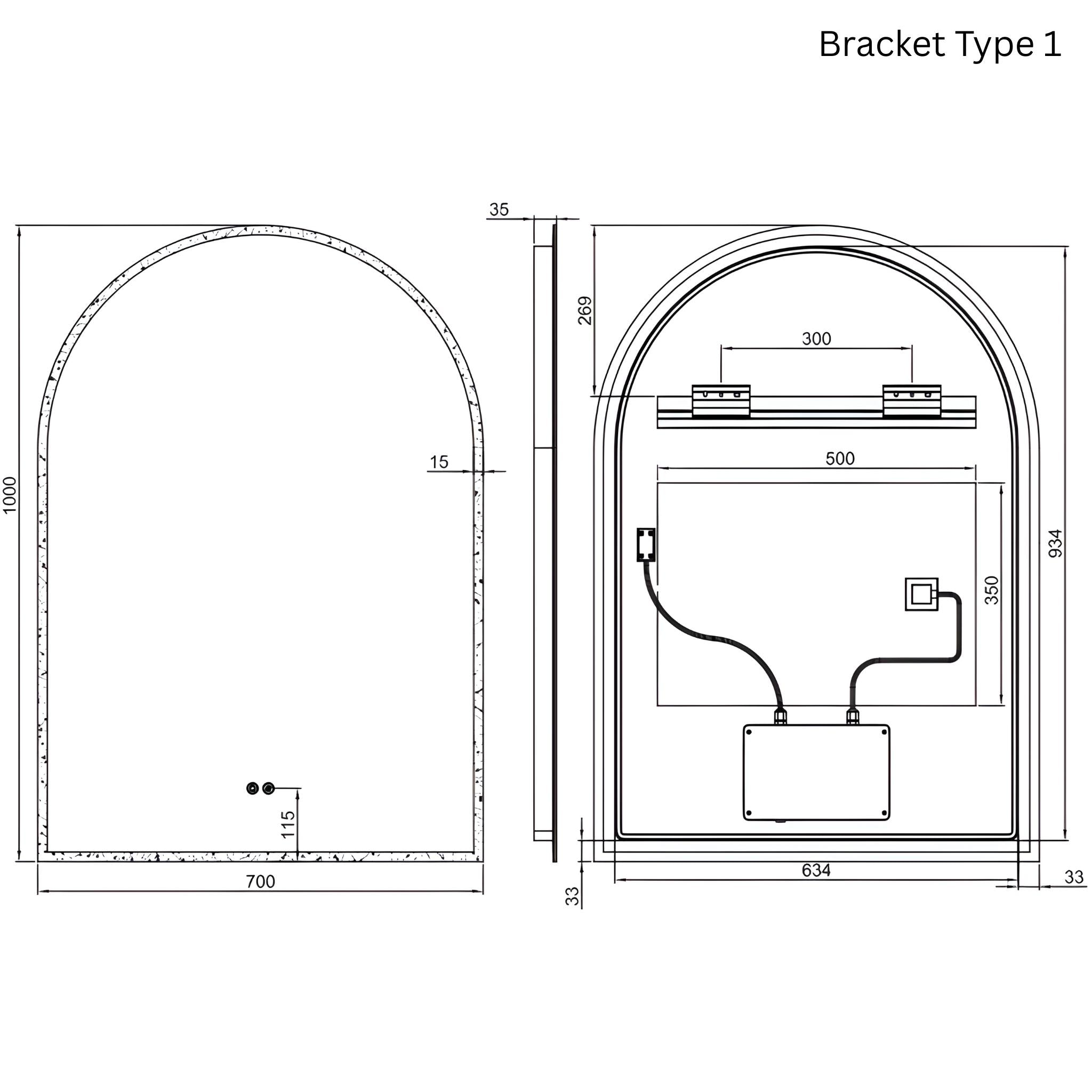 REMER ARCH FRAMELESS LED MIRROR W/ DEMISTER & PORTABLE MAGNIFIER 700X1000MM