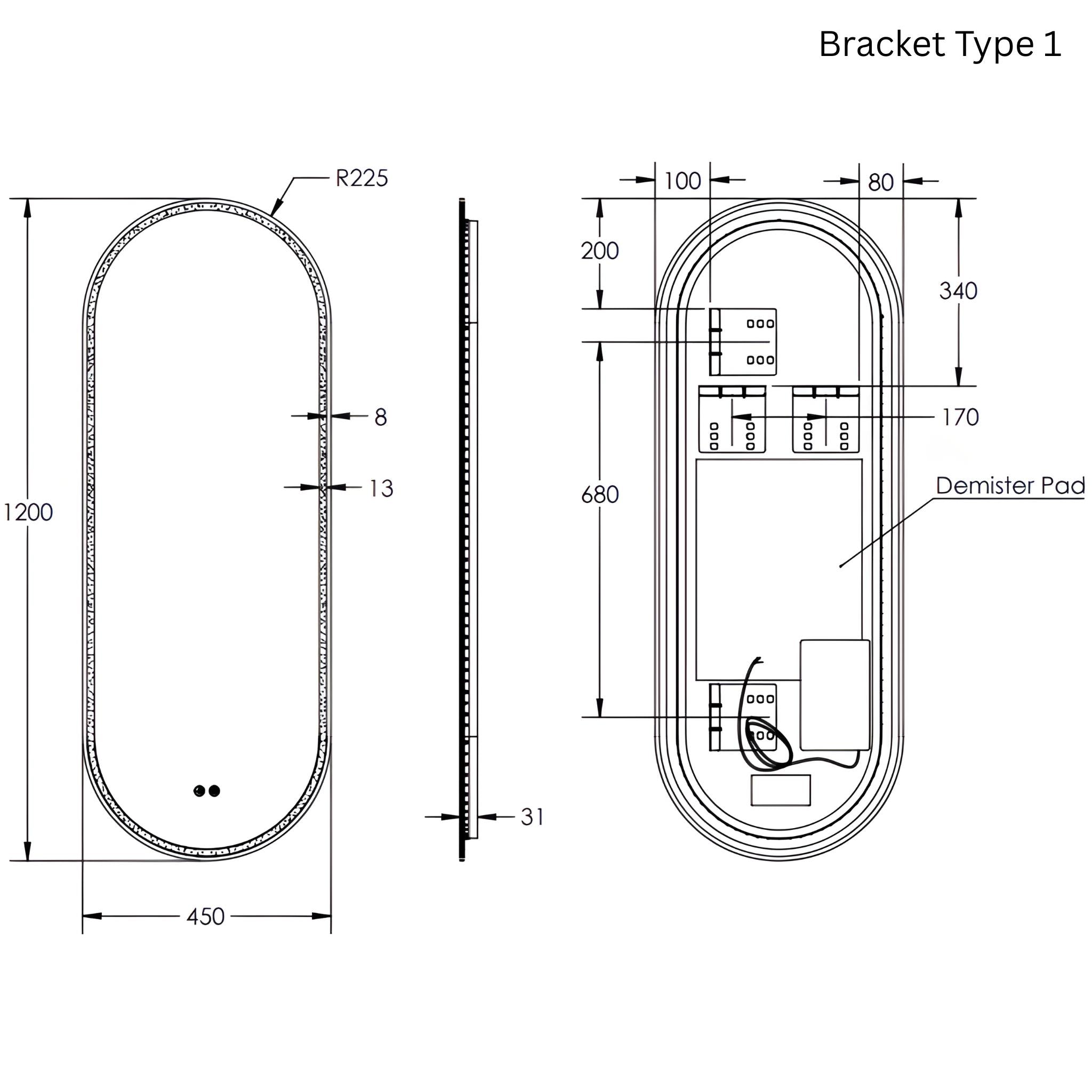 REMER GATSBY OVAL FRAMELESS LED MIRROR WITH DEMISTER 450X1200MM