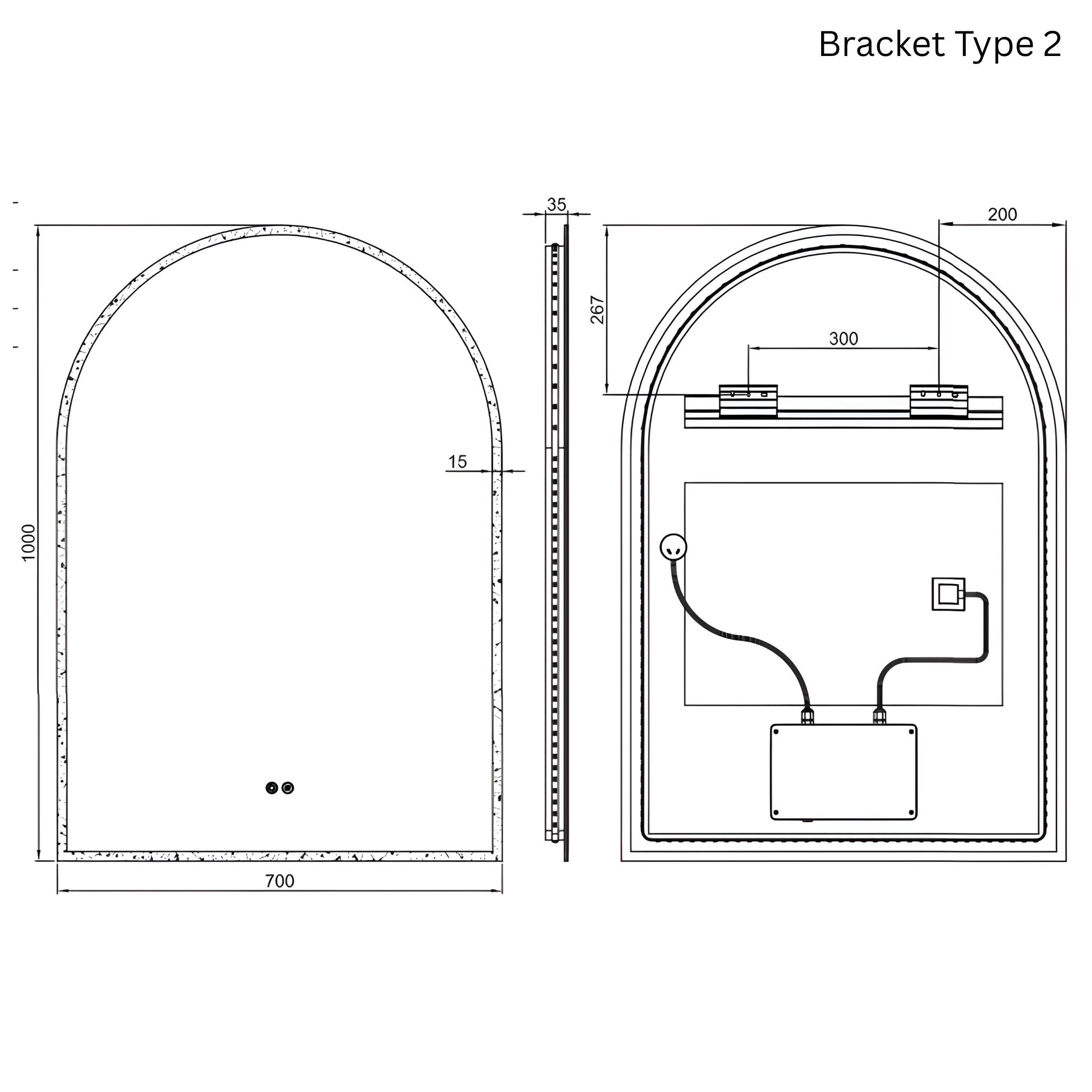 REMER ARCH FRAMELESS LED MIRROR W/ DEMISTER & PORTABLE MAGNIFIER 700X1000MM