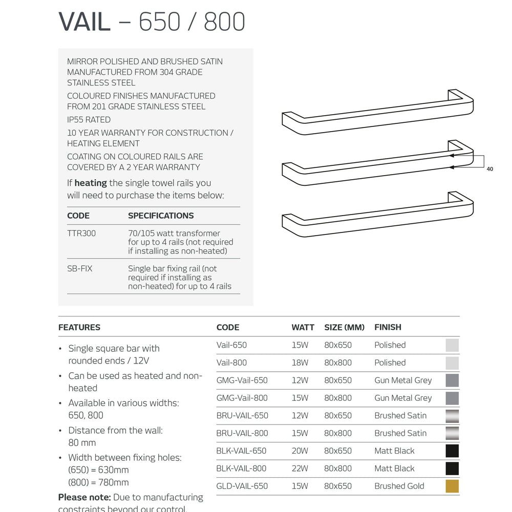 RADIANT HEATING VAIL CURVED HEATED SINGLE TOWEL RAIL CHROME 650MM