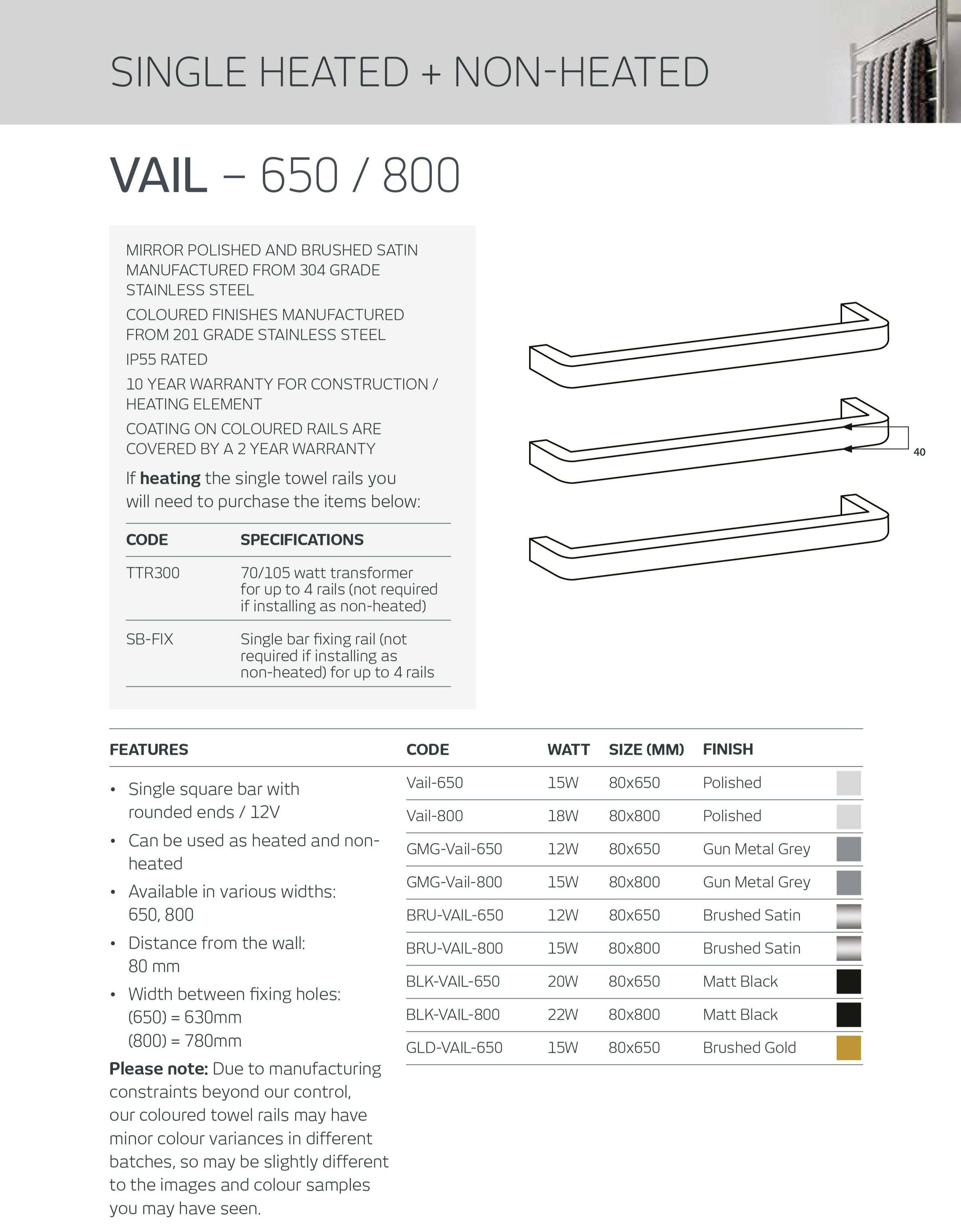 RADIANT HEATING VAIL CURVED HEATED SINGLE TOWEL RAIL CHROME 650MM